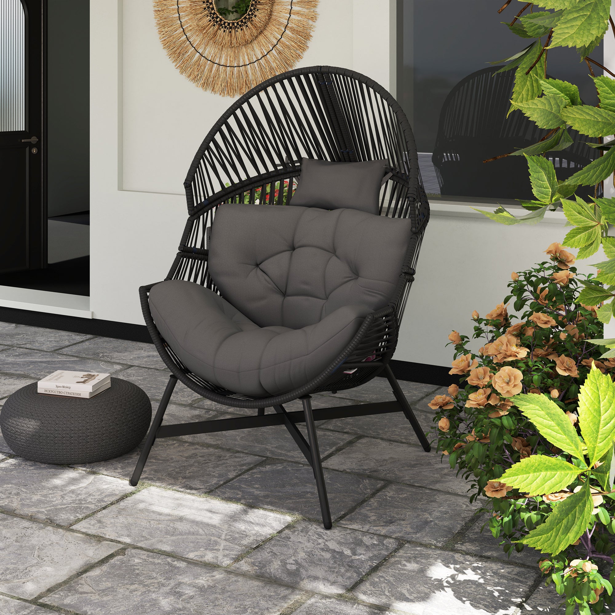 Outsunny Outdoor Rattan Egg Chair with Cushion & Headrest, Grey