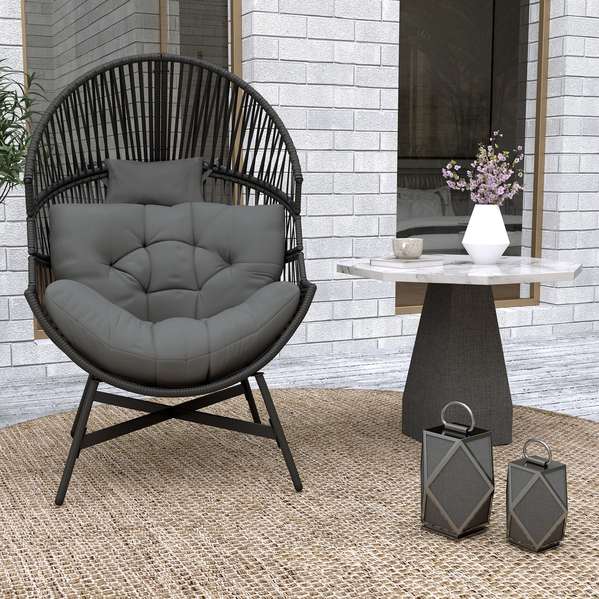 Outsunny Outdoor Rattan Egg Chair with Cushion & Headrest, Grey