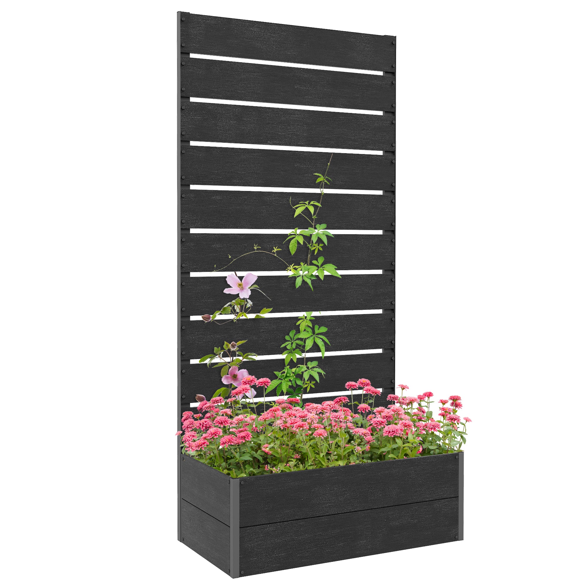 Outsunny Raised Garden Bed Planter Box with Trellis, Drainage Hole, Black