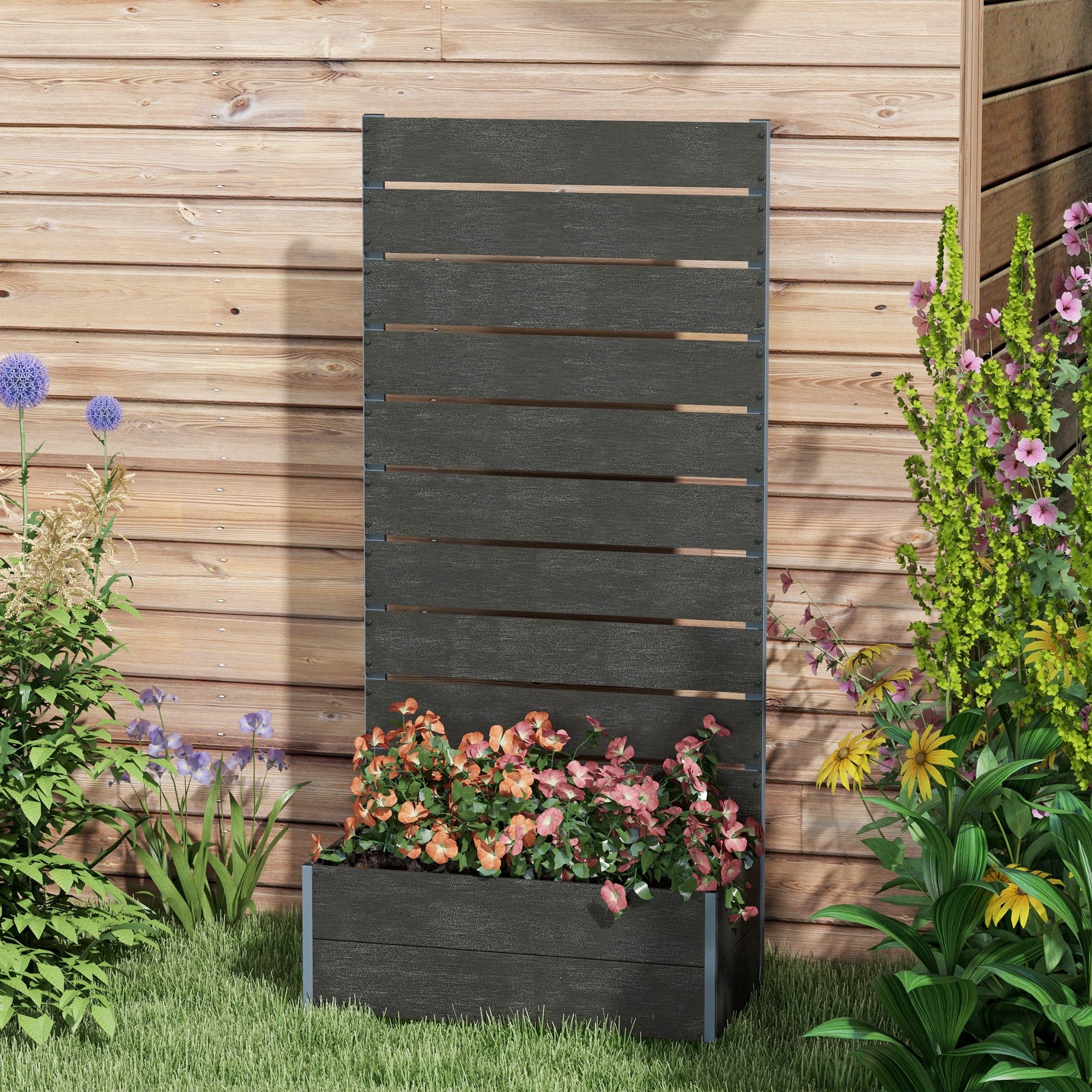 Outsunny Raised Garden Bed Planter Box with Trellis, Drainage Hole, Black