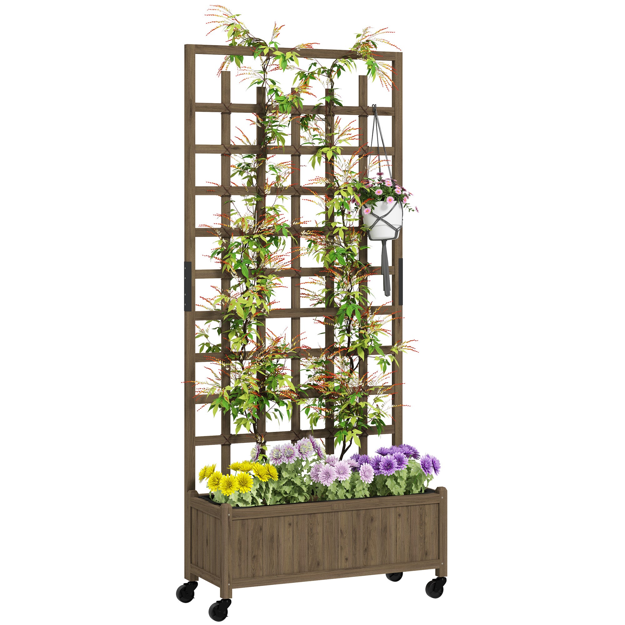 Outsunny Wooden Raised Garden Bed Planter with Trellis and Wheels
