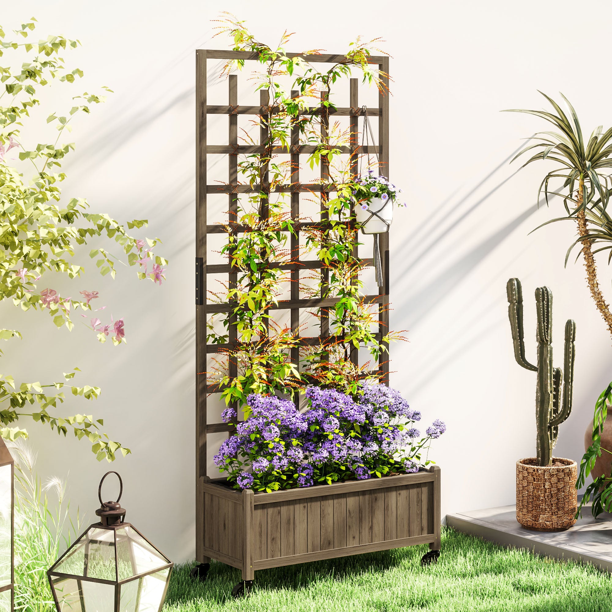 Outsunny Wooden Raised Garden Bed Planter with Trellis and Wheels