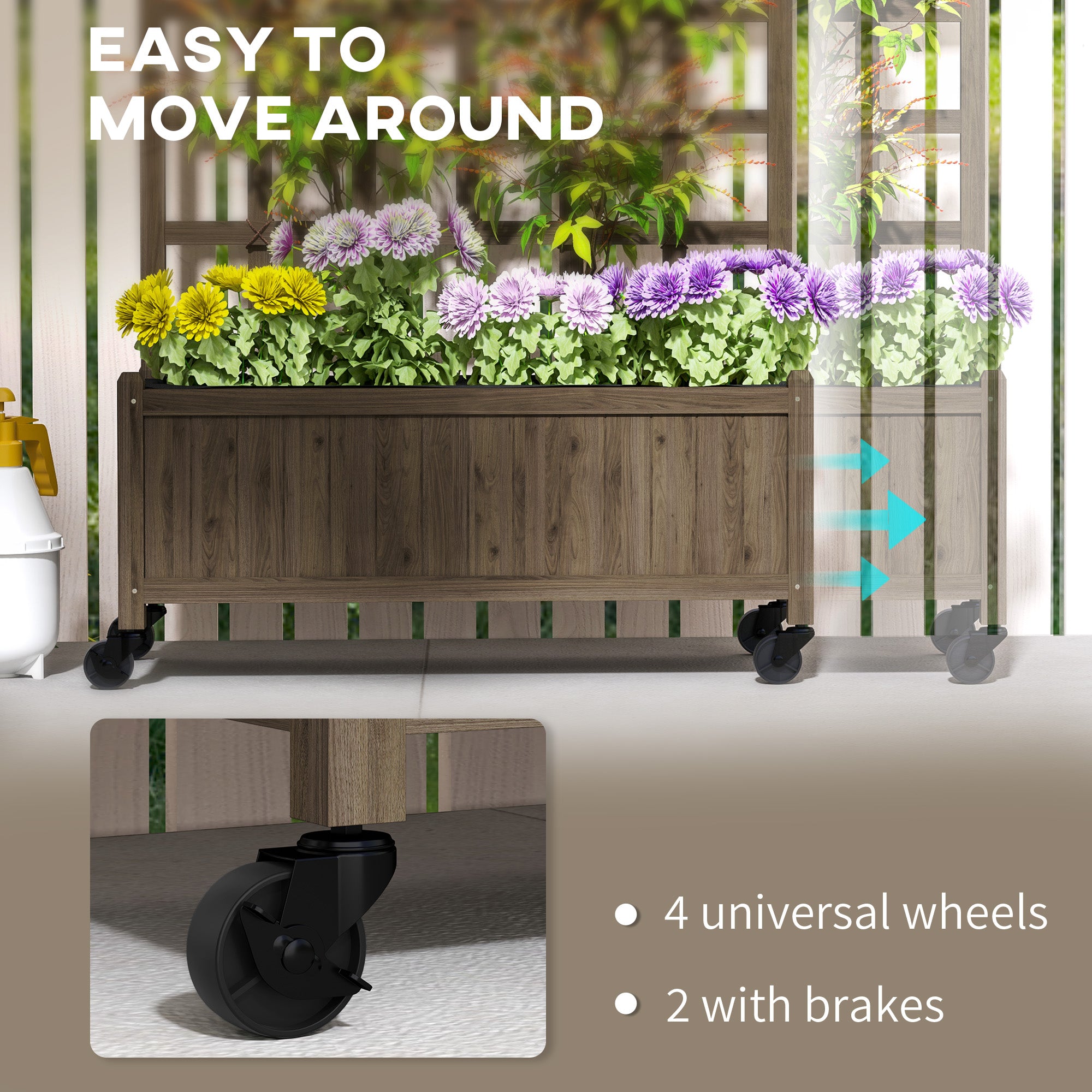 Outsunny Wooden Raised Garden Bed Planter with Trellis and Wheels