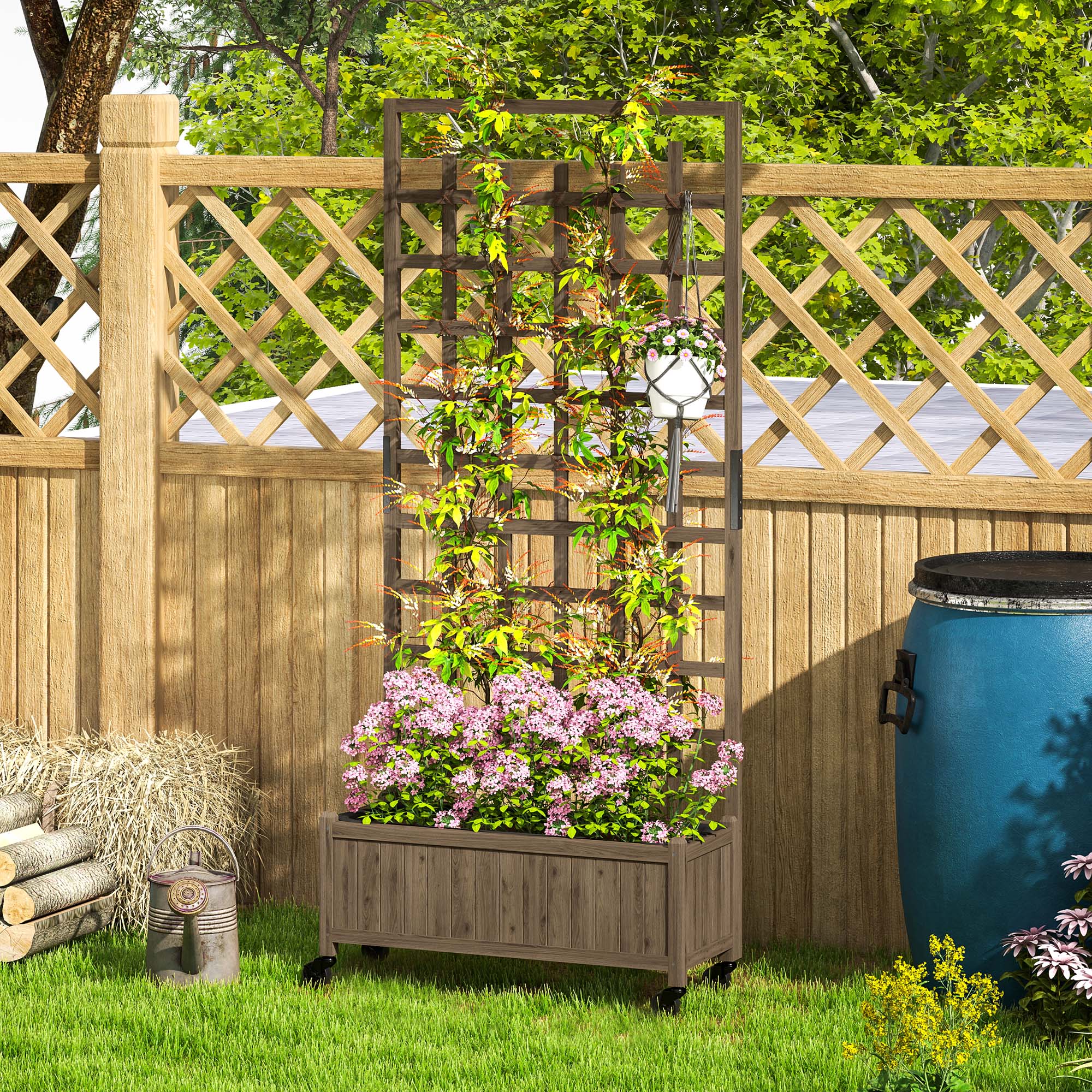 Outsunny Wooden Raised Garden Bed Planter with Trellis and Wheels