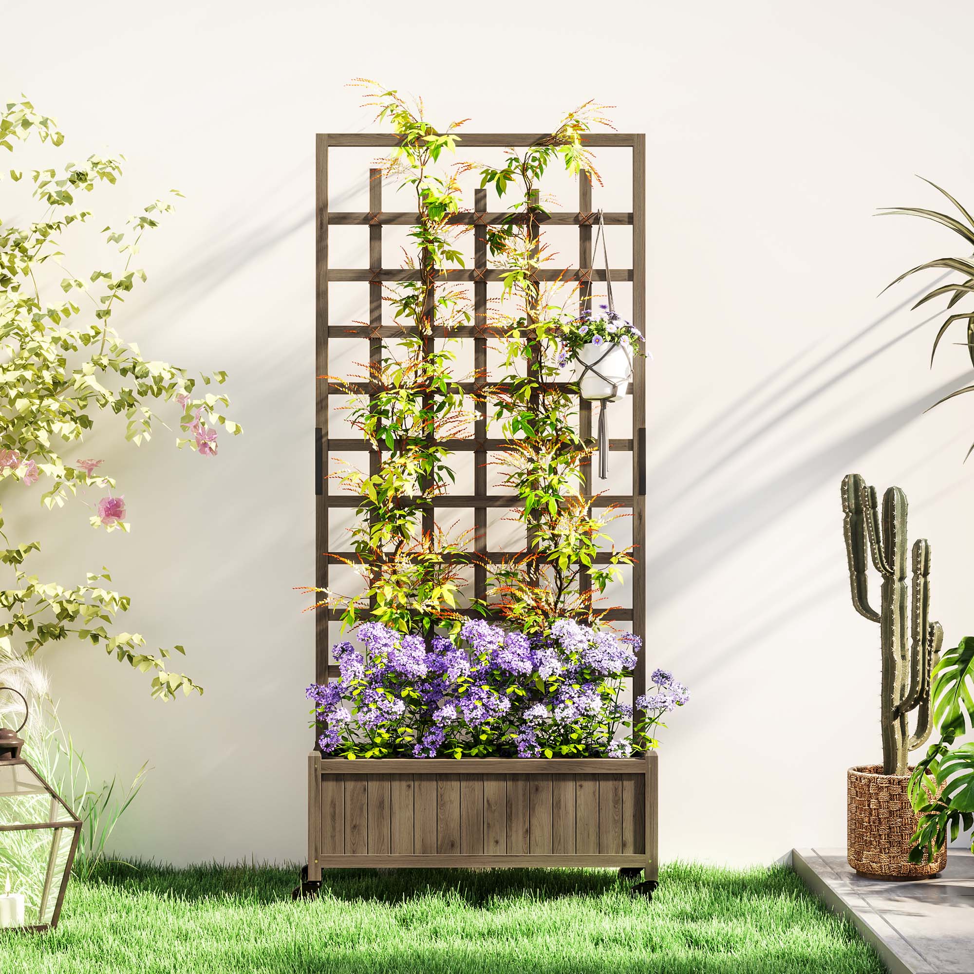 Outsunny Wooden Raised Garden Bed Planter with Trellis and Wheels