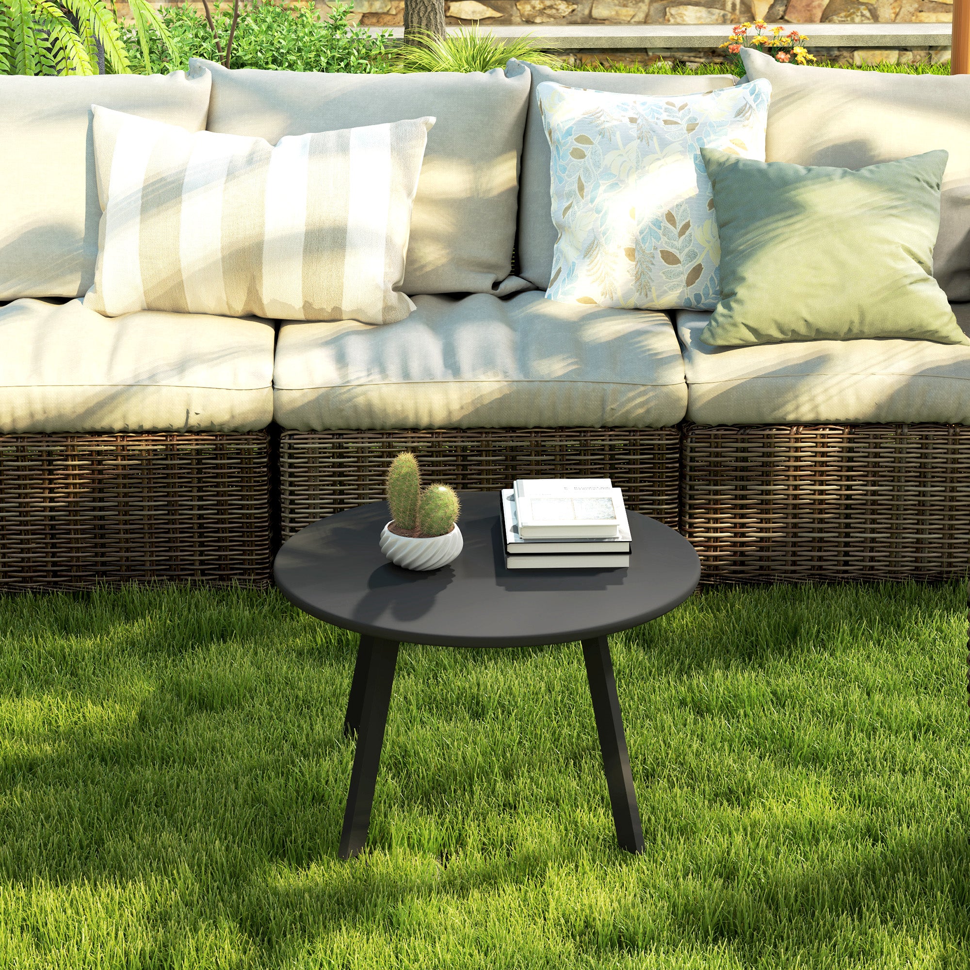 Outsunny 70cm Round Coffee Table with Non-Slip Foot Pads, Black