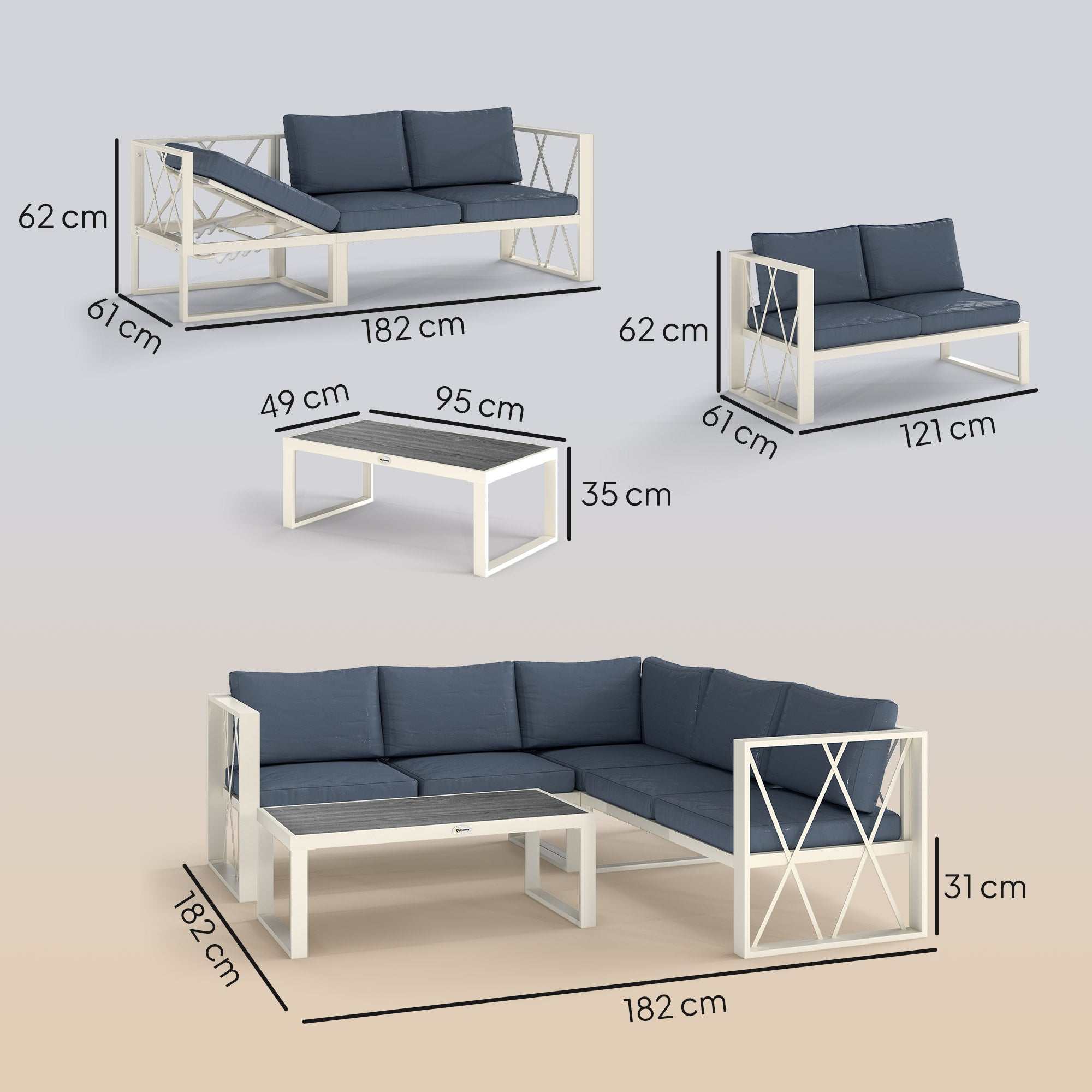 Outsunny 5-Seater Grey Sectional Outdoor Sofa Set with Table