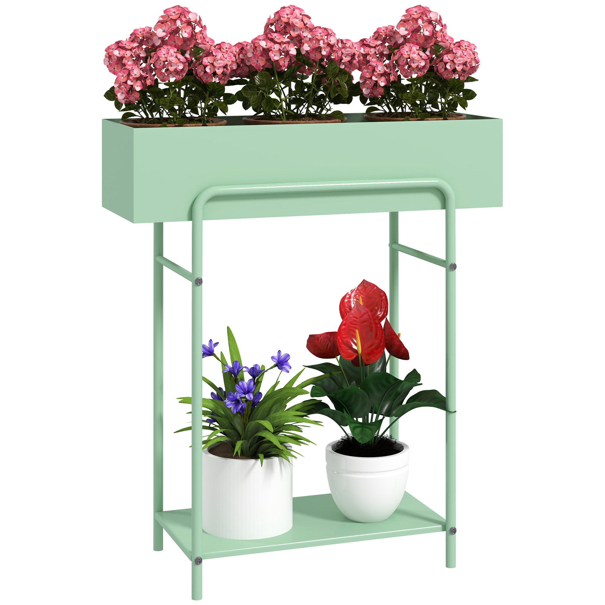 Outsunny Green Metal Two-Tier Plant Stand with Drain Holes
