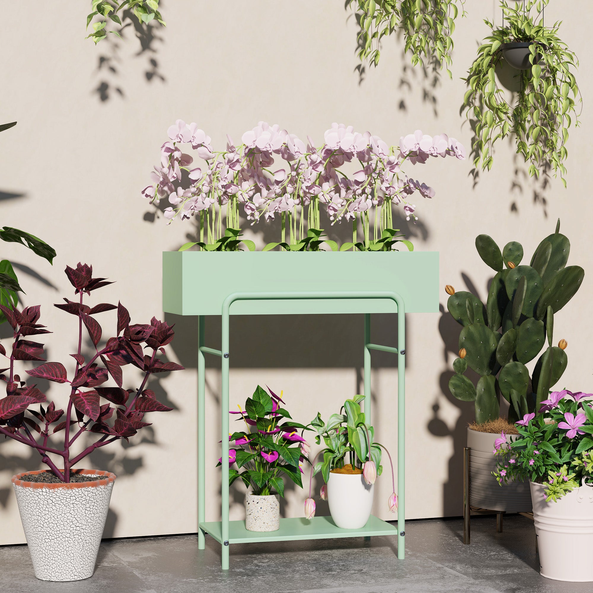 Outsunny Green Metal Two-Tier Plant Stand with Drain Holes