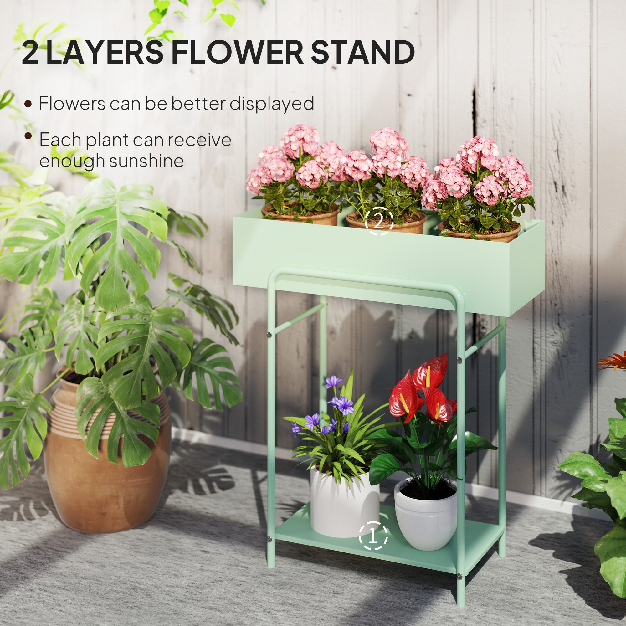 Outsunny Green Metal Two-Tier Plant Stand with Drain Holes
