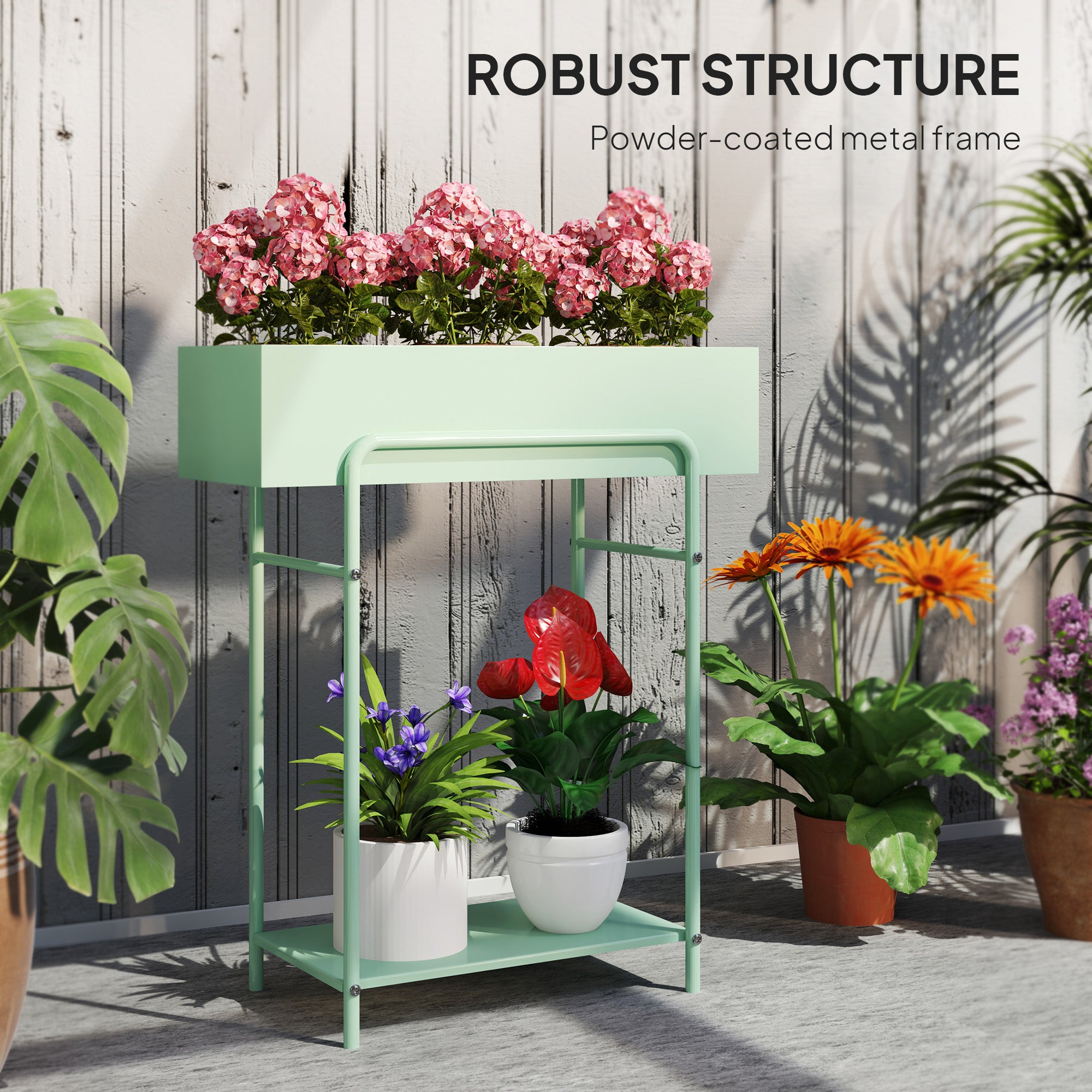Outsunny Green Metal Two-Tier Plant Stand with Drain Holes