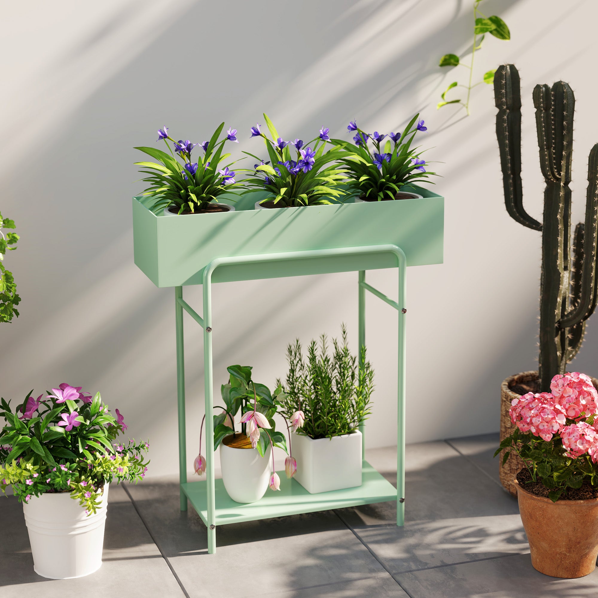 Outsunny Green Metal Two-Tier Plant Stand with Drain Holes