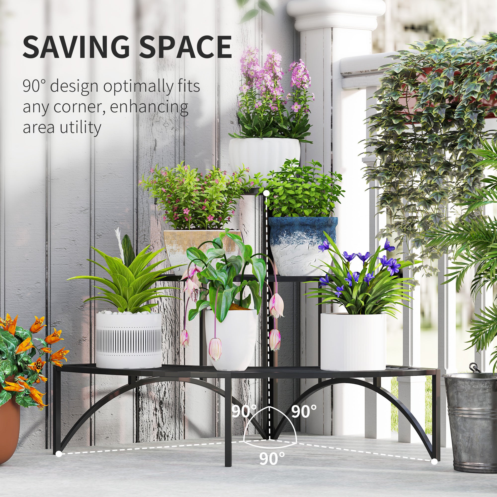 Outsunny 3-Tier Metal Corner Plant Stand for Garden, Balcony, Patio, Black