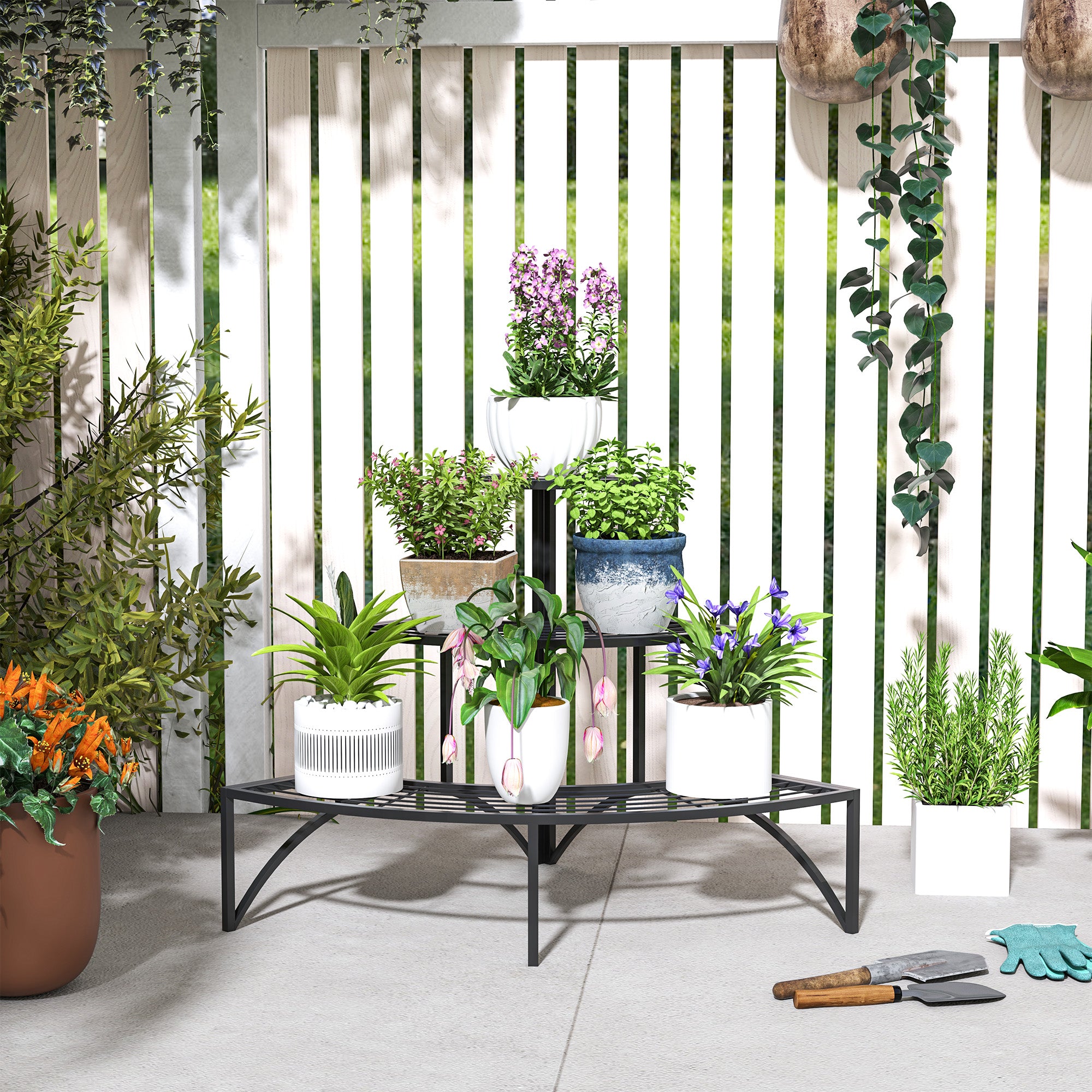Outsunny 3-Tier Metal Corner Plant Stand for Garden, Balcony, Patio, Black
