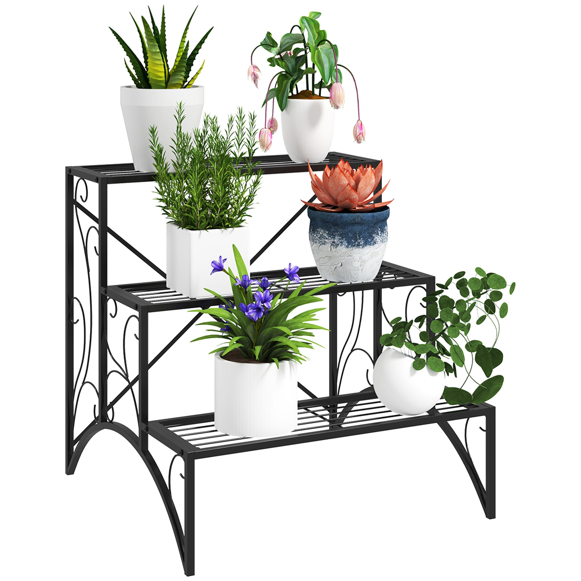 Outsunny 3-Tier Metal Plant Stand, Indoor/Outdoor, Black