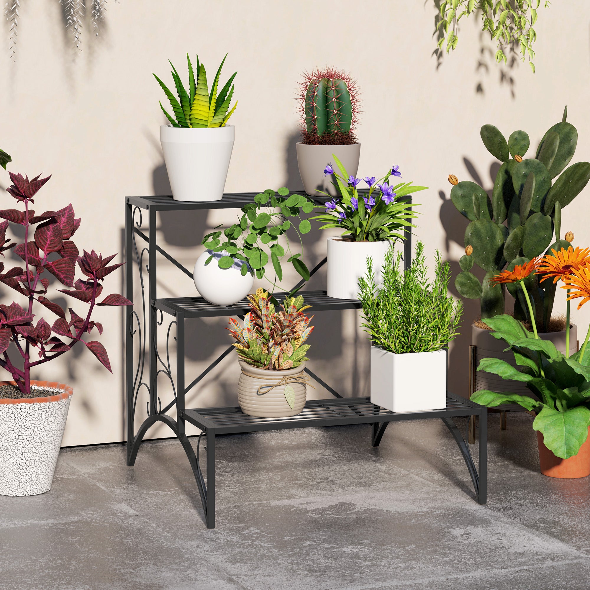 Outsunny 3-Tier Metal Plant Stand, Indoor/Outdoor, Black