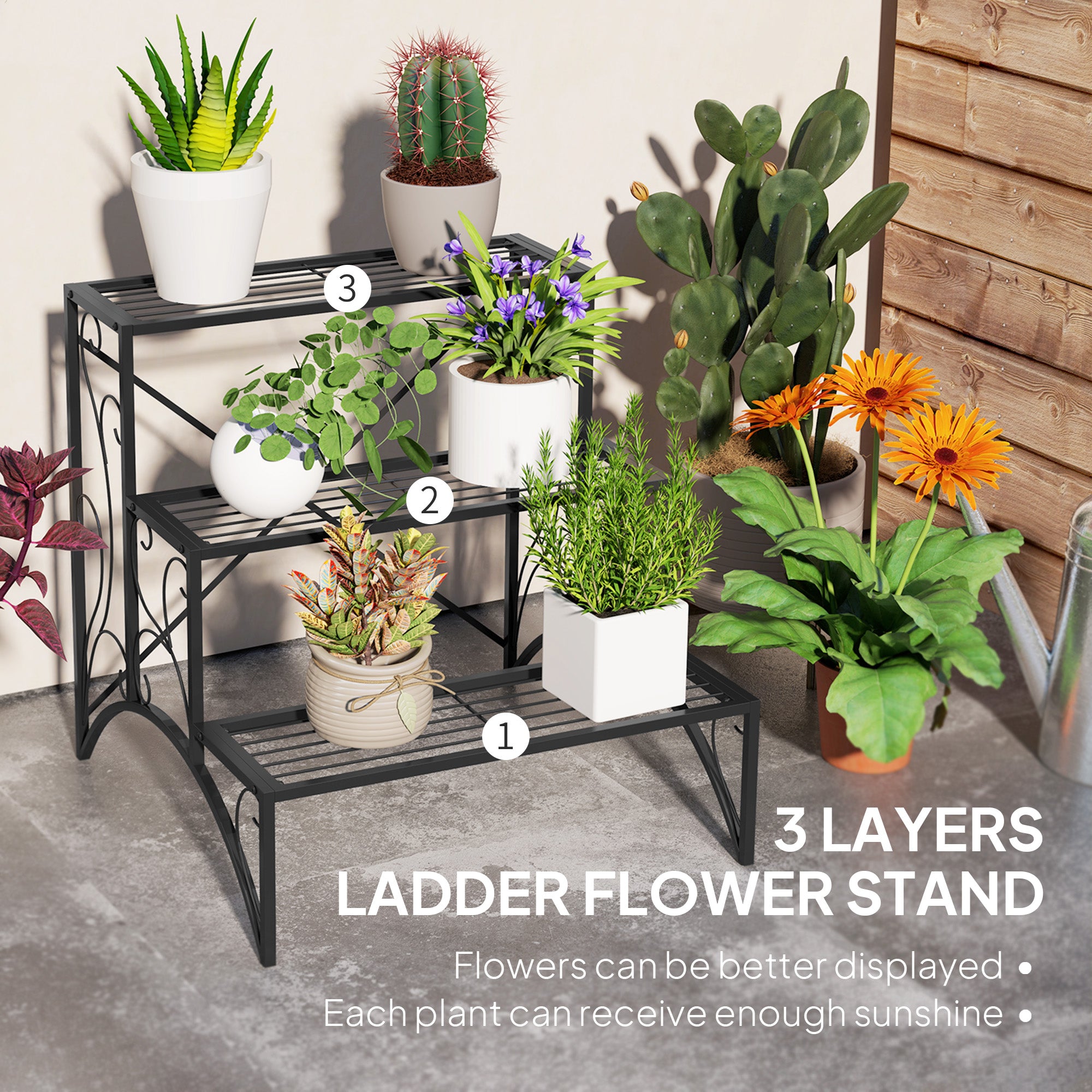 Outsunny 3-Tier Metal Plant Stand, Indoor/Outdoor, Black