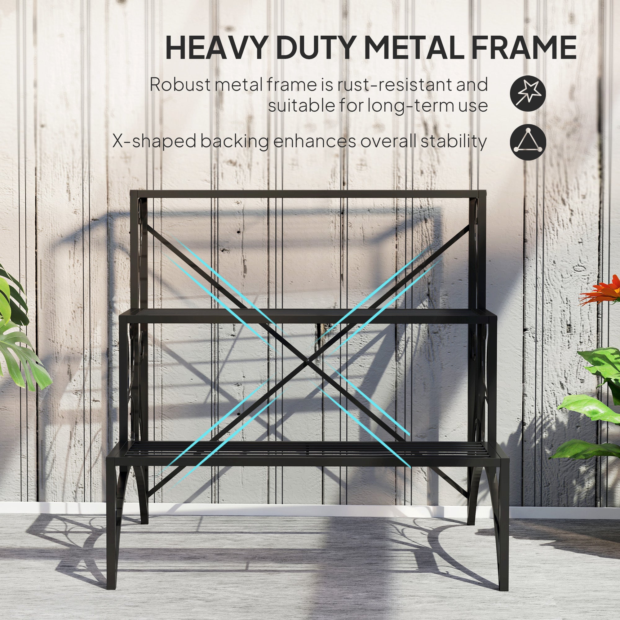 Outsunny 3-Tier Metal Plant Stand, Indoor/Outdoor, Black