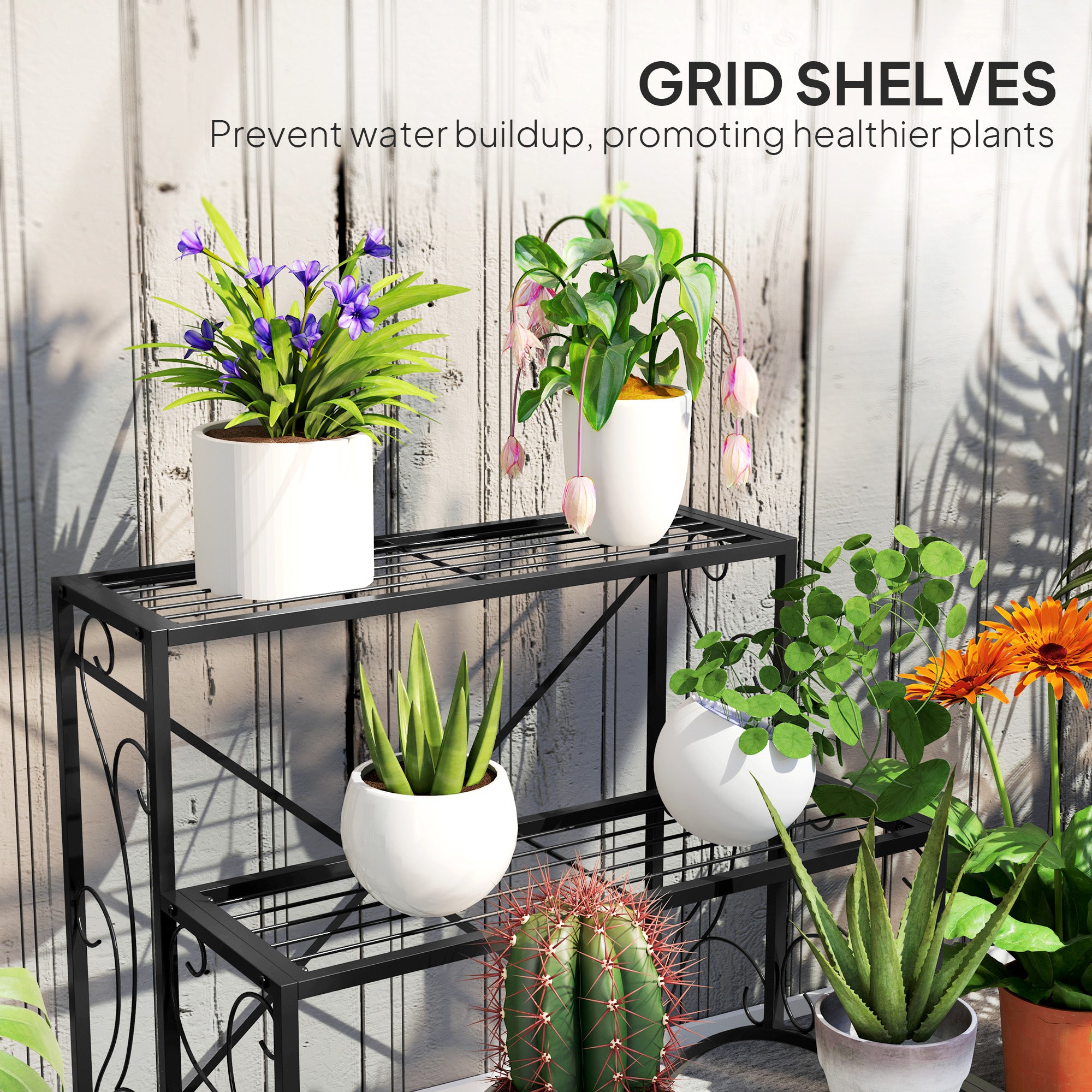 Outsunny 3-Tier Metal Plant Stand, Indoor/Outdoor, Black