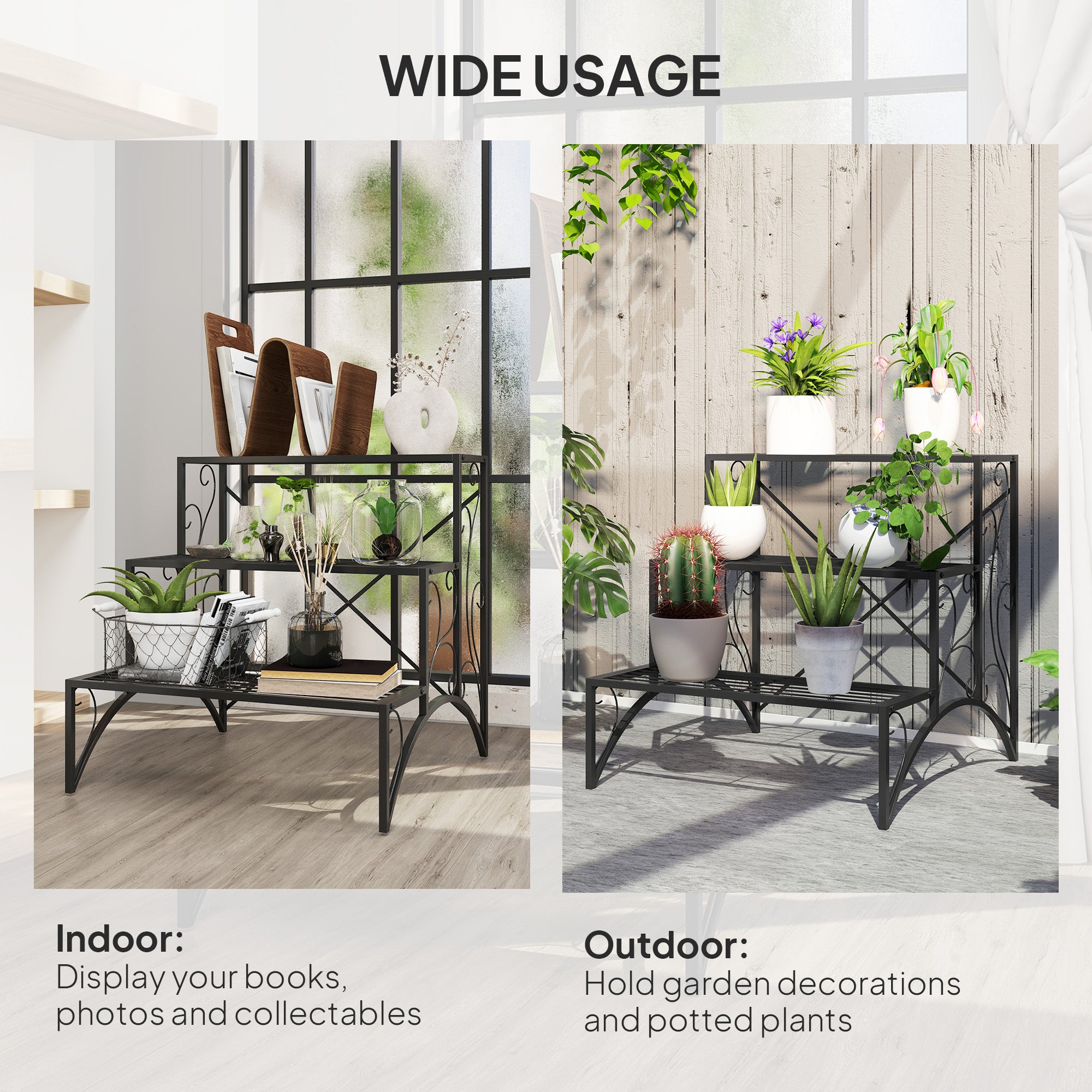 Outsunny 3-Tier Metal Plant Stand, Indoor/Outdoor, Black