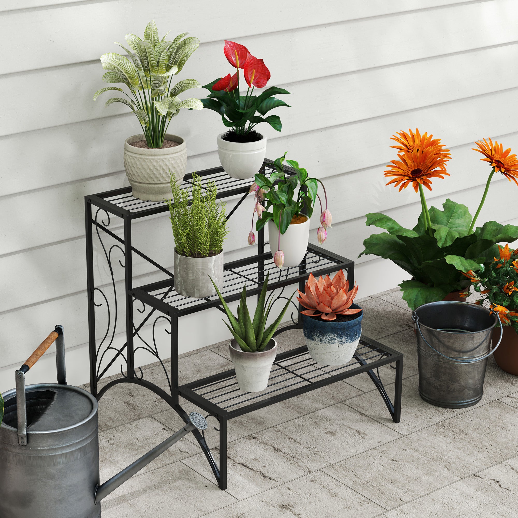 Outsunny 3-Tier Metal Plant Stand, Indoor/Outdoor, Black