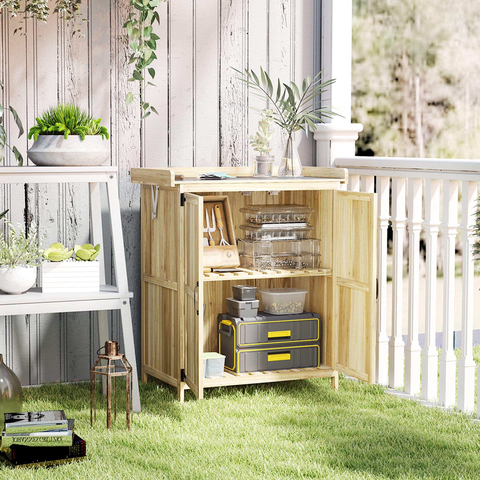 Outsunny Wooden Garden Storage Shed with Hinged Roof and Shelf