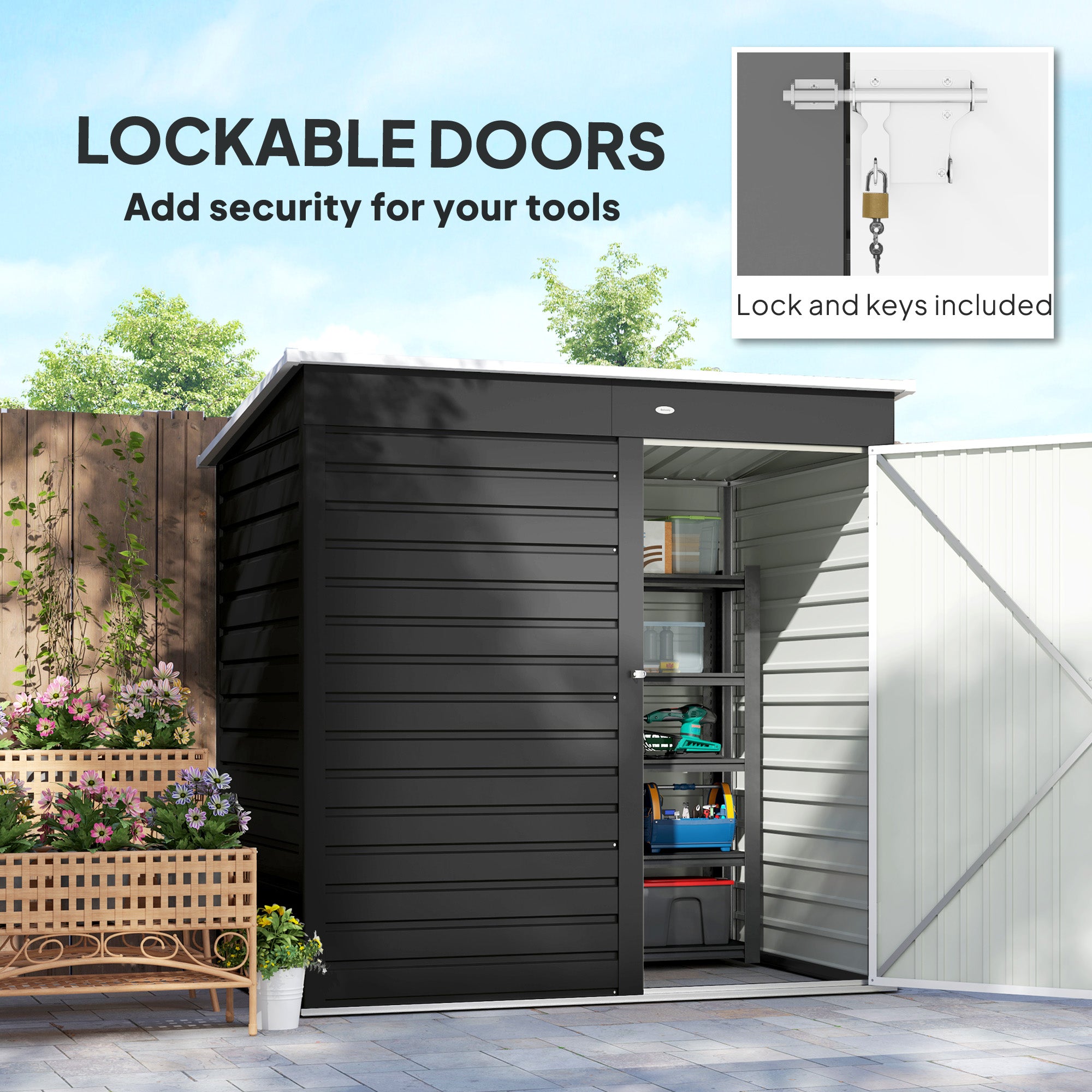 Outsunny 6 x 4ft Galvanised Steel Garden Shed, Lockable Door