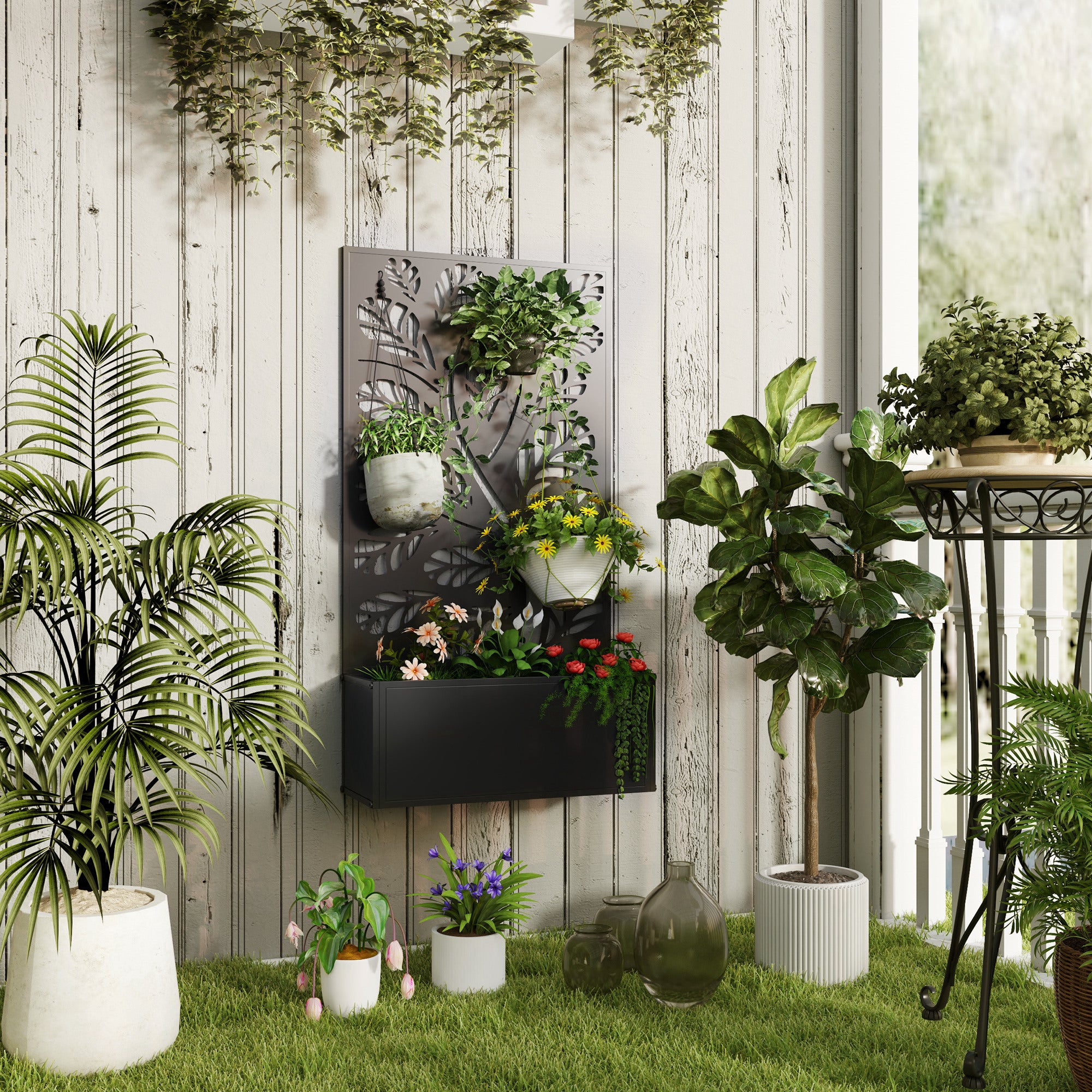 Outsunny Metal Raised Garden Bed with Trellis, Black Outdoor Planter