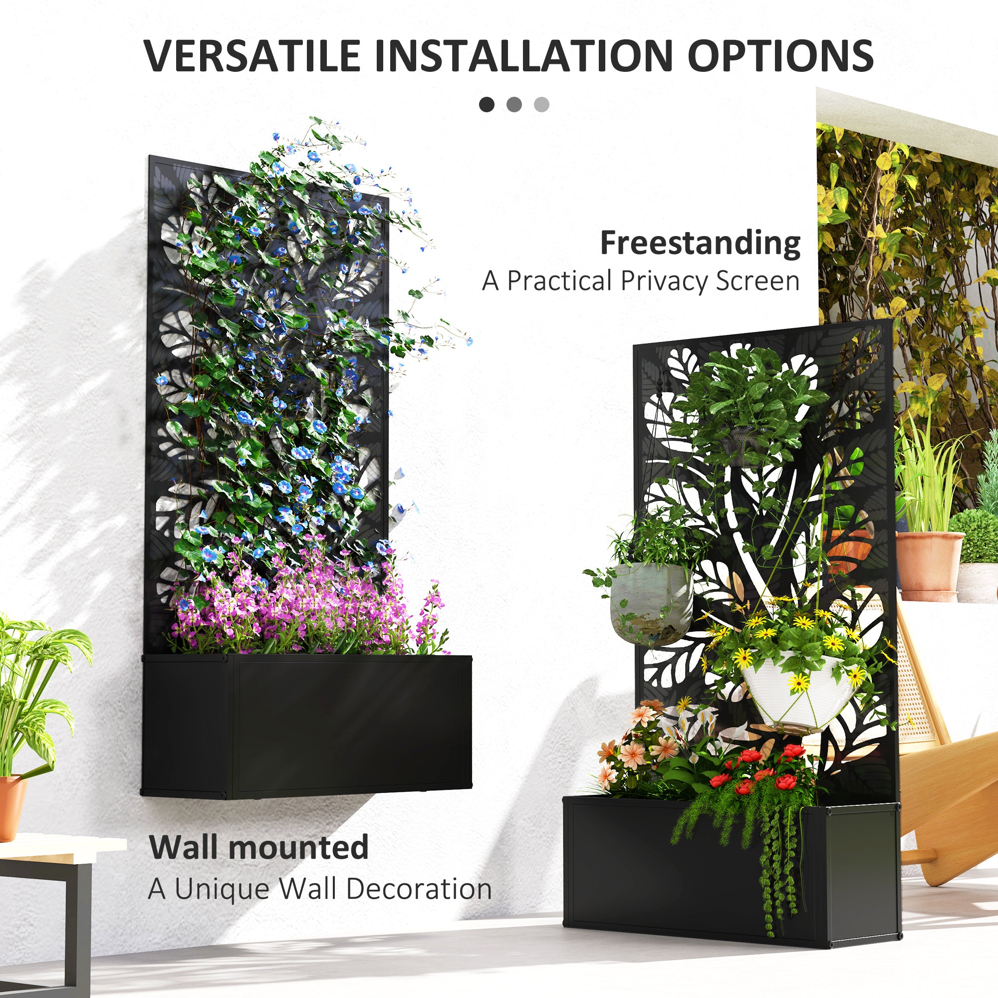 Outsunny Metal Raised Garden Bed with Trellis, Black Outdoor Planter