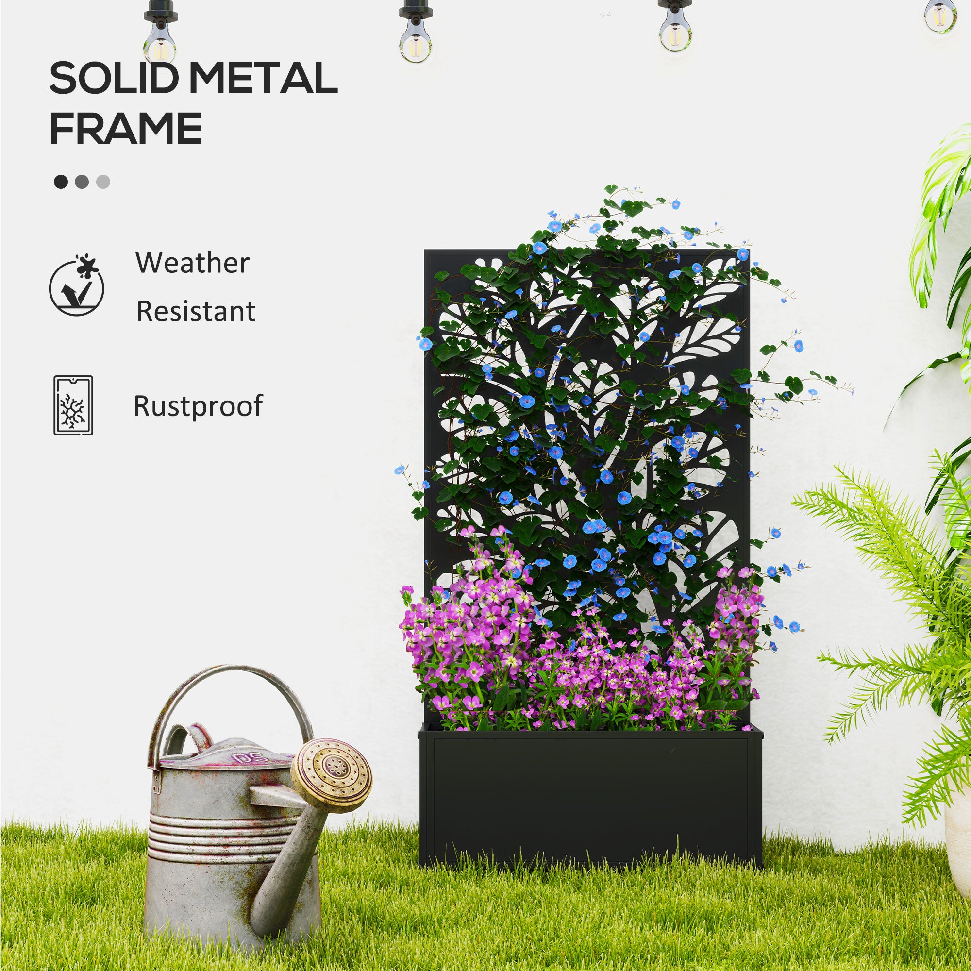 Outsunny Metal Raised Garden Bed with Trellis, Black Outdoor Planter
