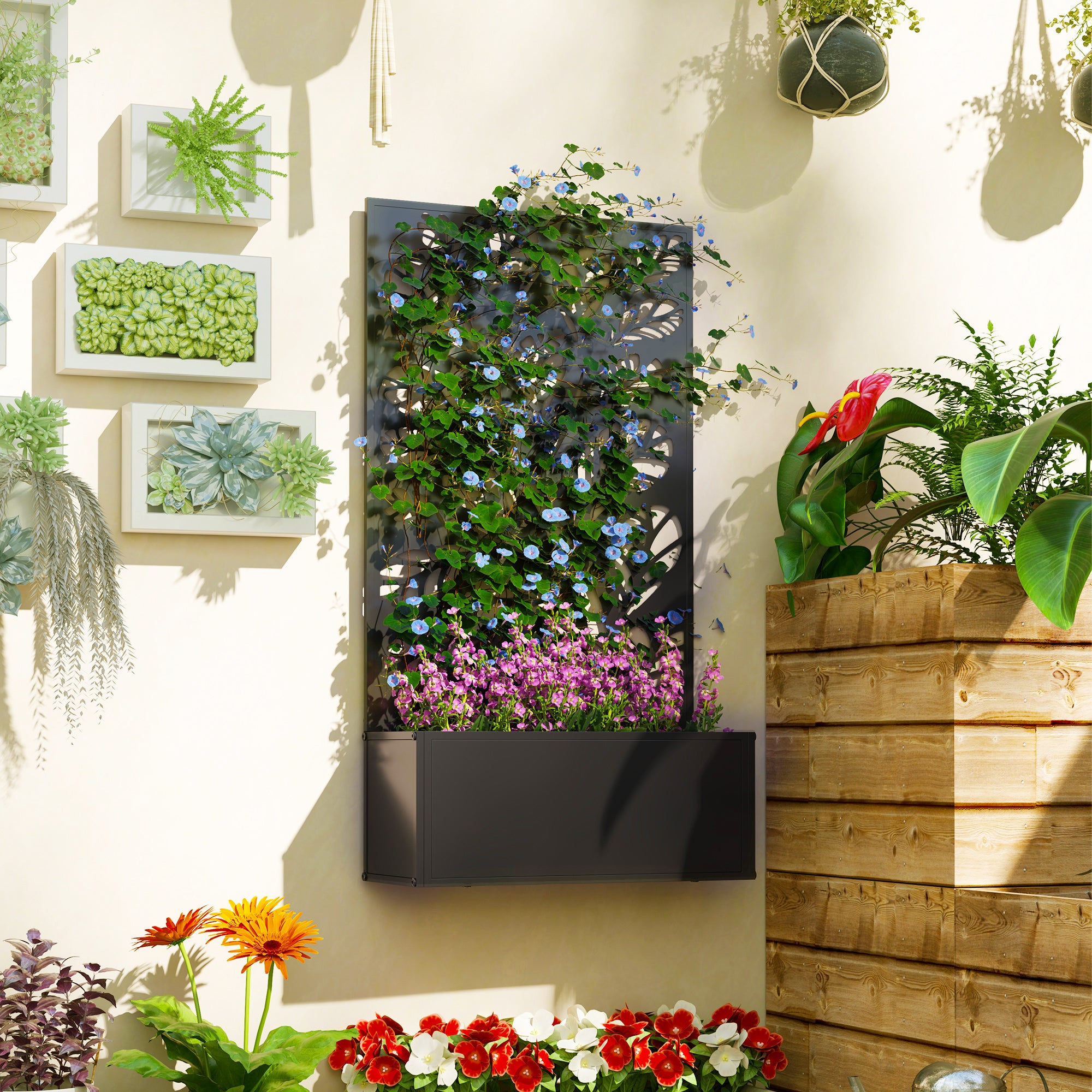 Outsunny Metal Raised Garden Bed with Trellis, Black Outdoor Planter