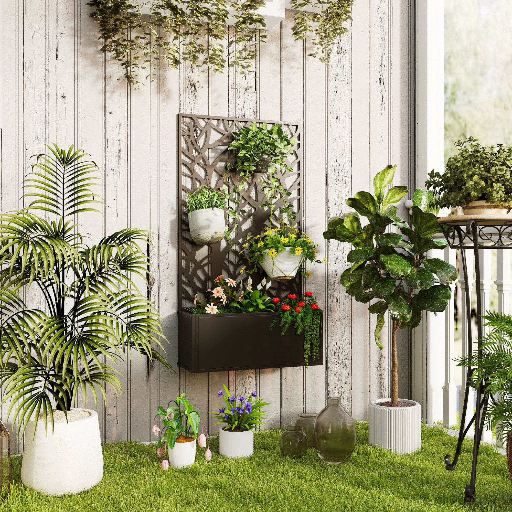Outsunny Black Metal Raised Garden Bed with Trellis, Wall-Mount Planter