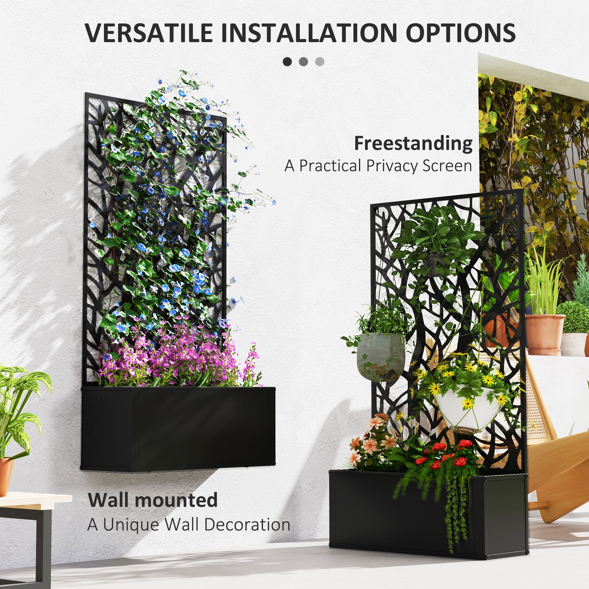 Outsunny Black Metal Raised Garden Bed with Trellis, Wall-Mount Planter