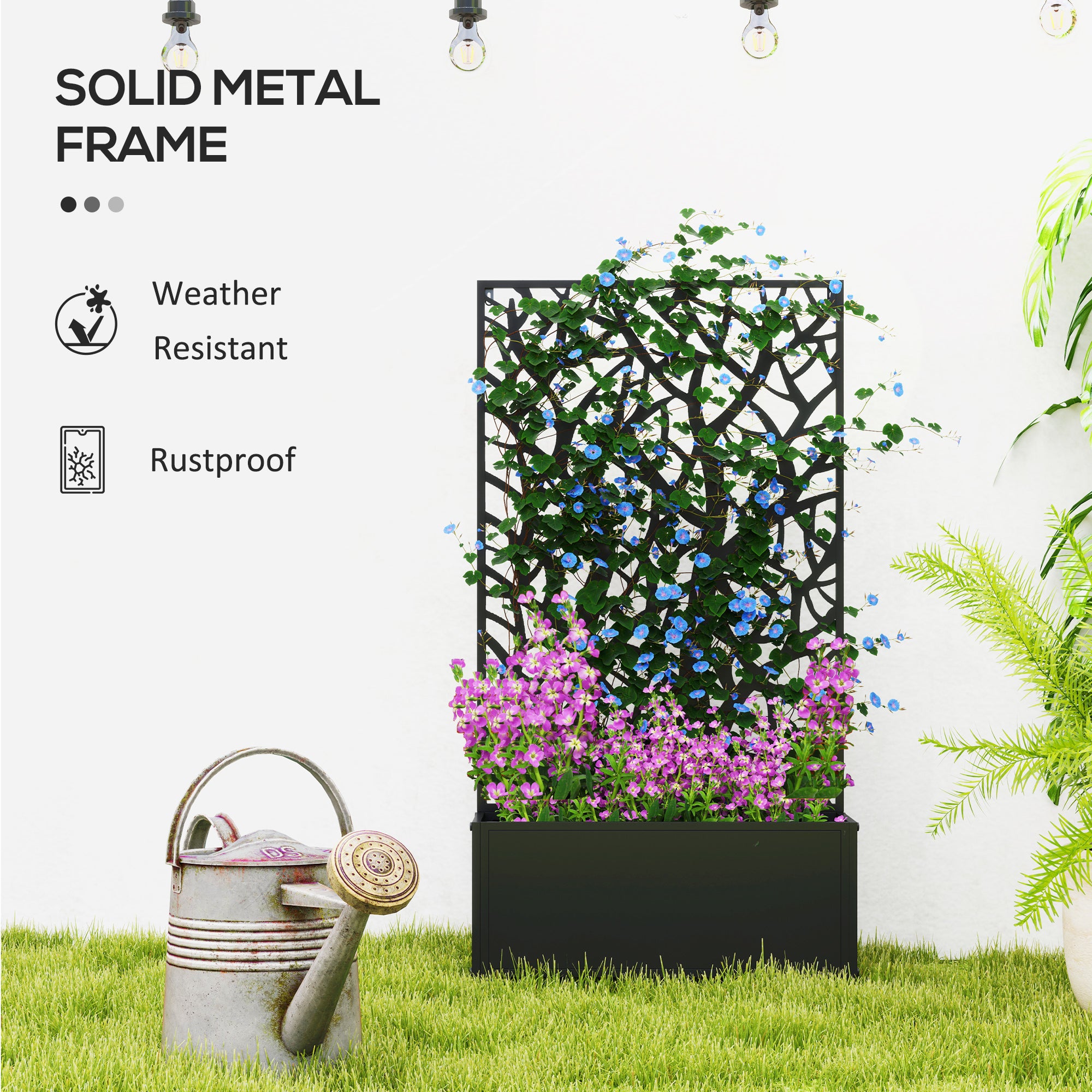 Outsunny Black Metal Raised Garden Bed with Trellis, Wall-Mount Planter