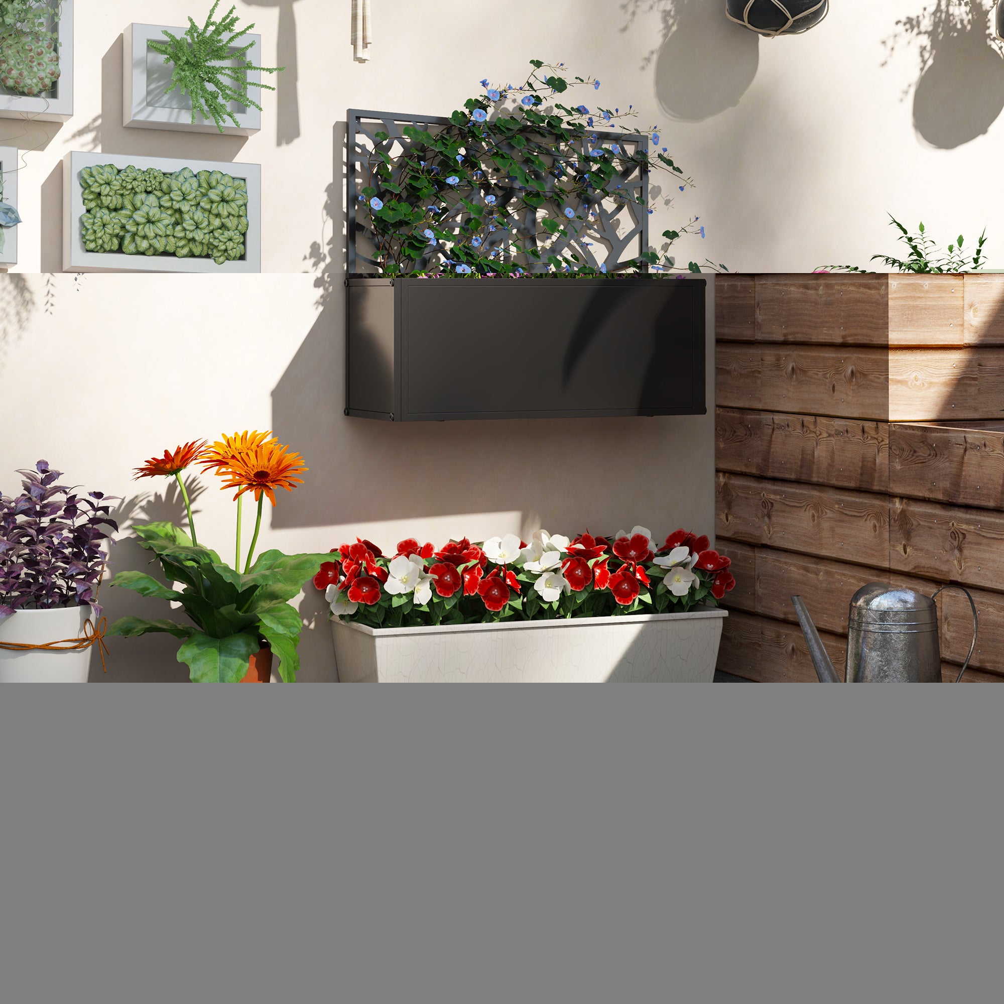 Outsunny Black Metal Raised Garden Bed with Trellis, Wall-Mount Planter