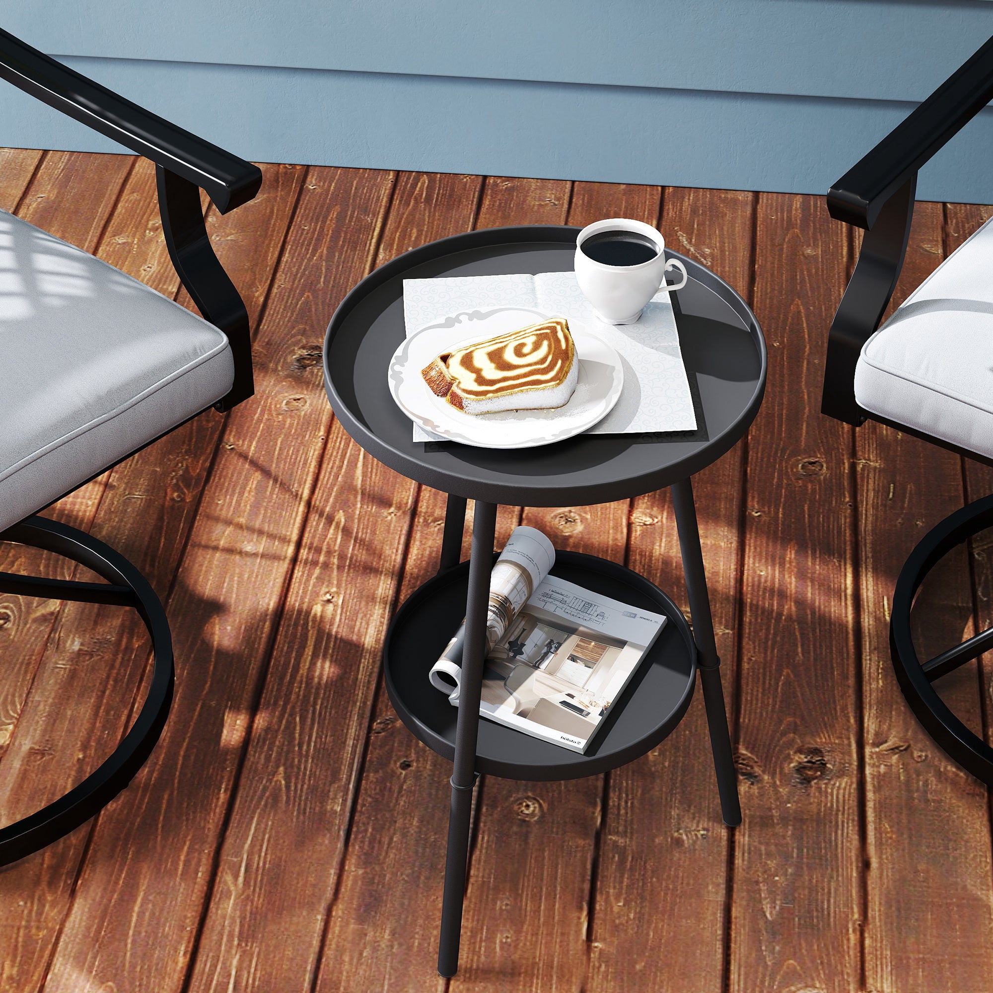 Outsunny Black Two-Tier Metal Side Table for Indoor & Outdoor Use