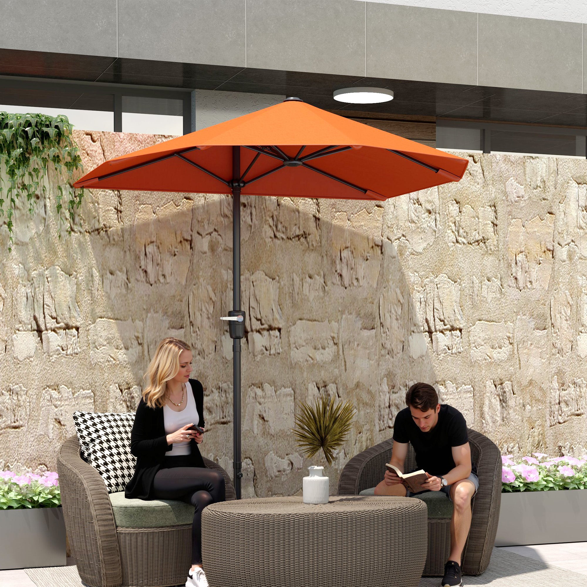Outsunny 2m Half Garden Parasol with Crank Handle, Orange
