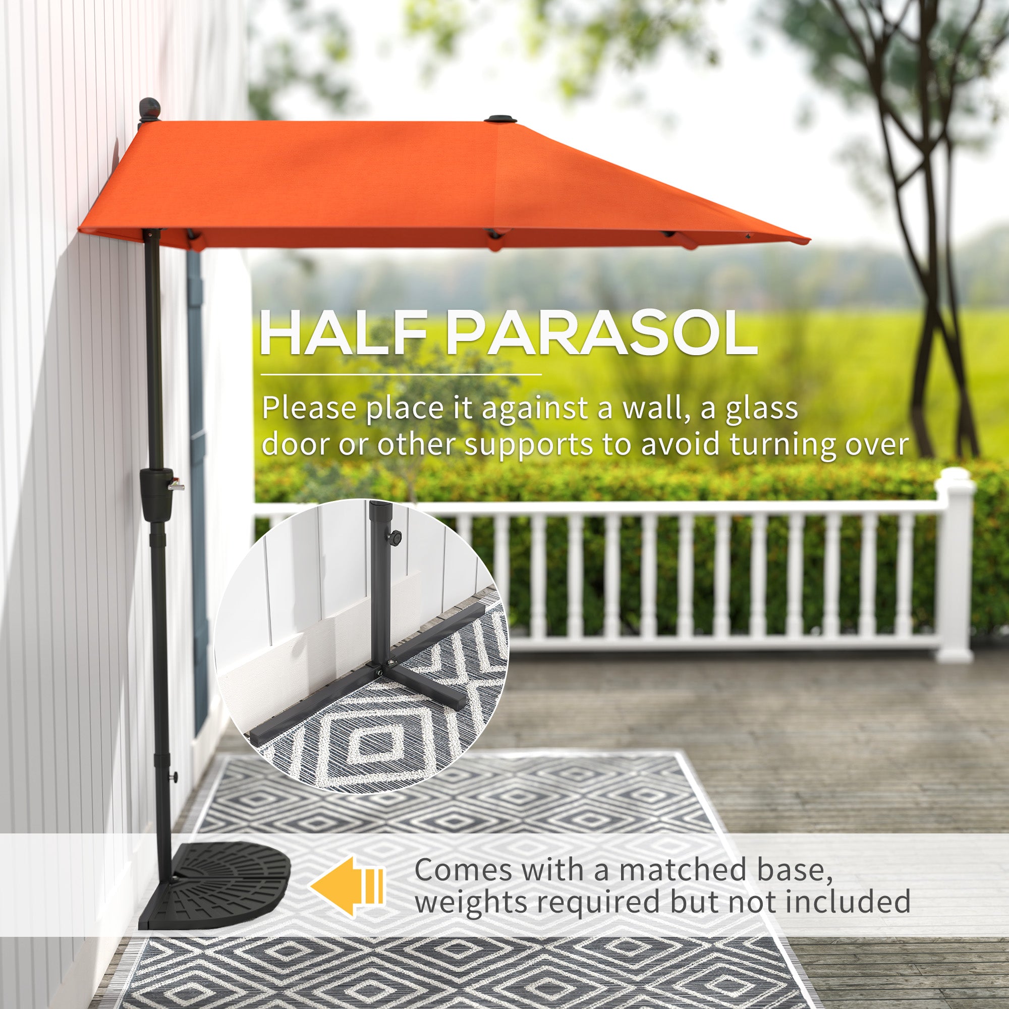 Outsunny 2m Half Garden Parasol with Crank Handle, Orange