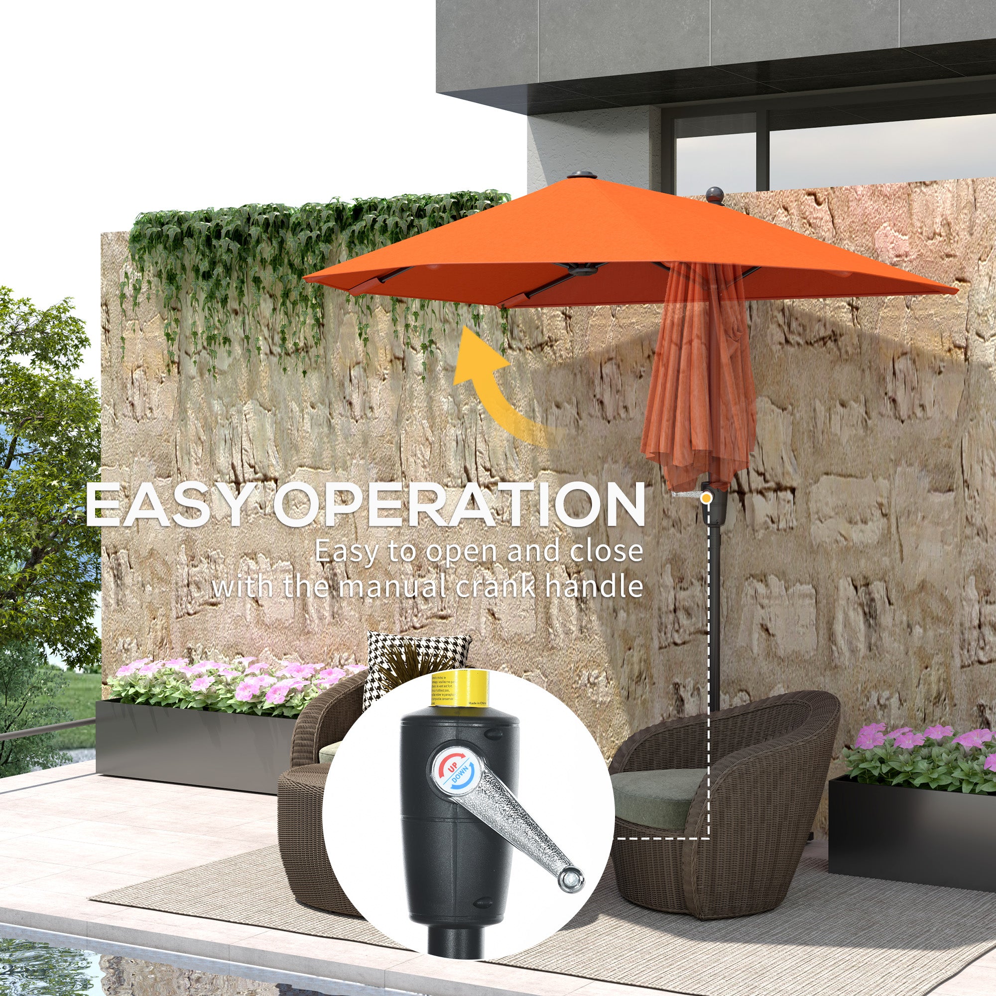 Outsunny 2m Half Garden Parasol with Crank Handle, Orange