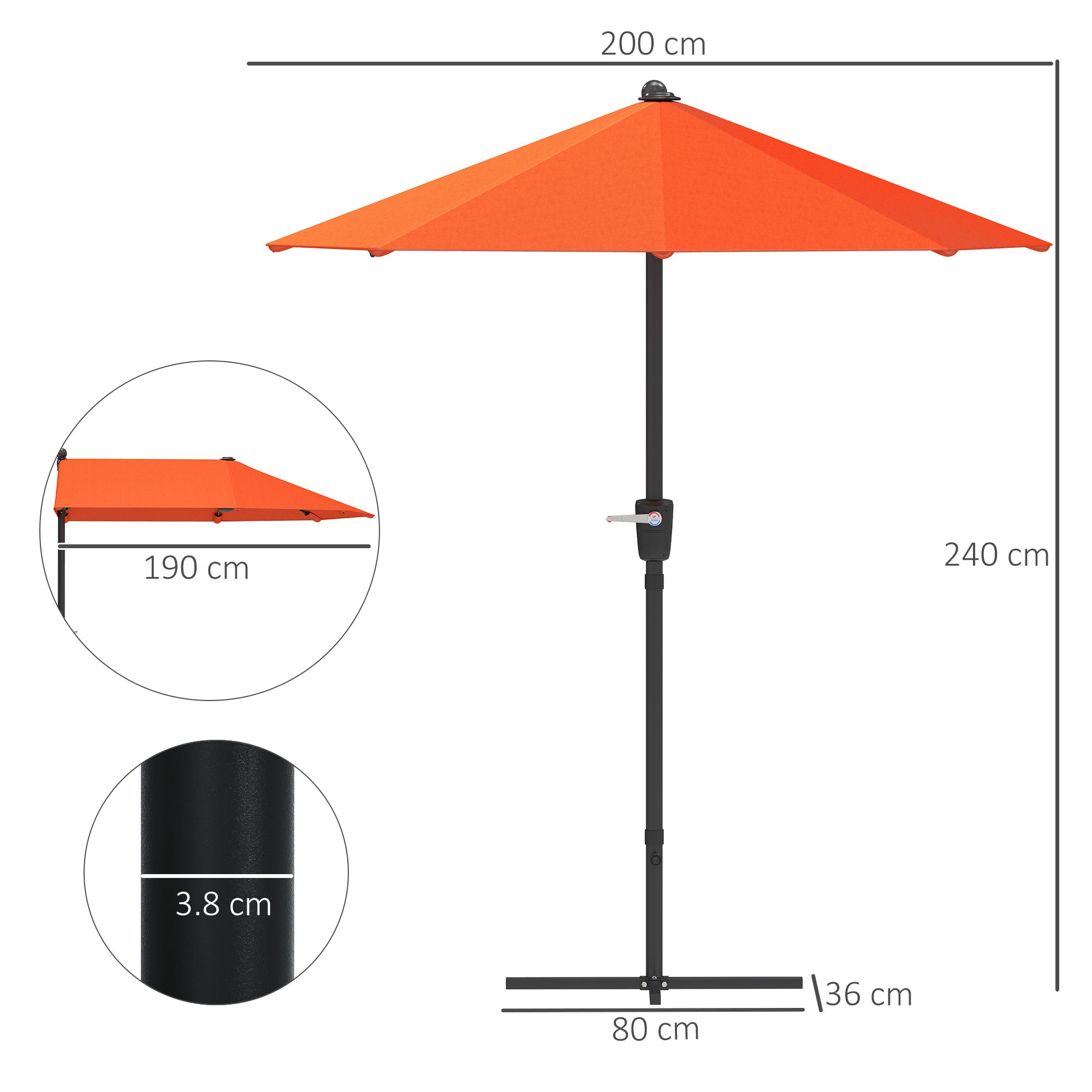 Outsunny 2m Half Garden Parasol with Crank Handle, Orange