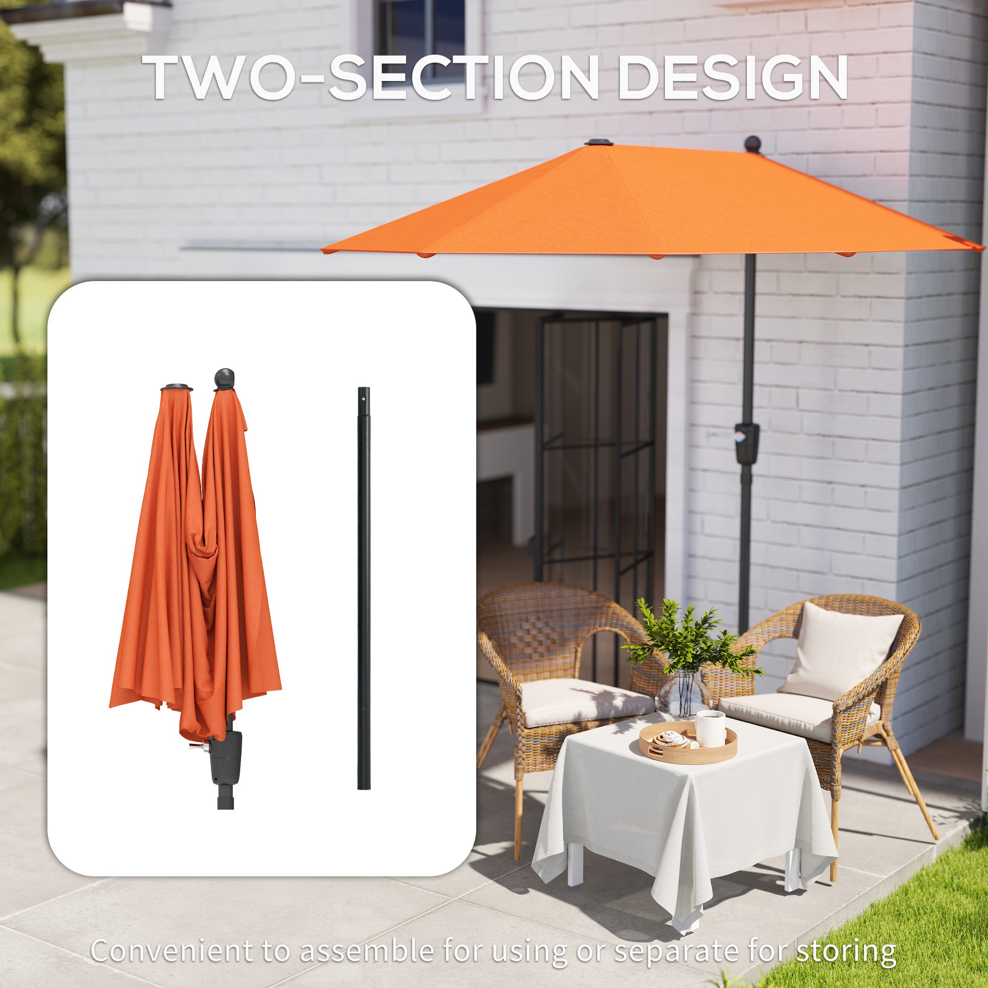 Outsunny 2m Half Garden Parasol with Crank Handle, Orange