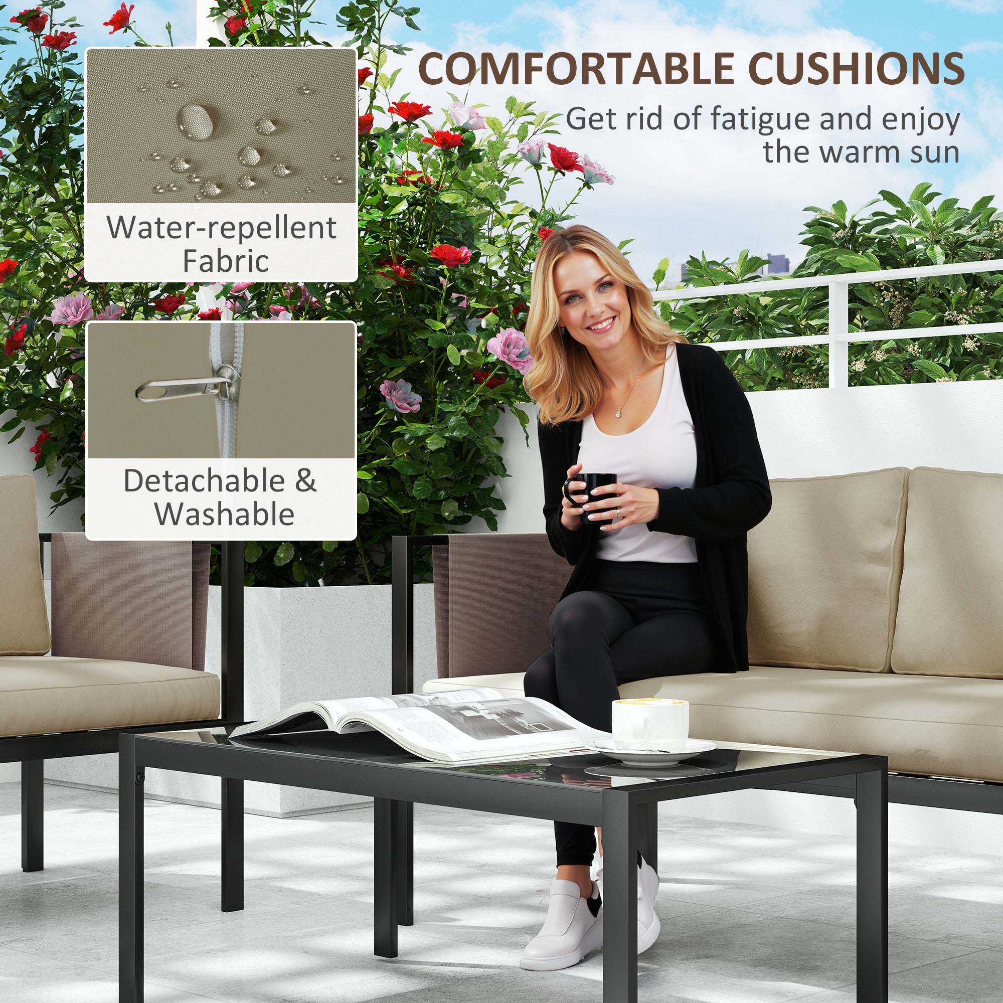 Outsunny 4-Piece Garden Sofa Set with Tempered Glass Table