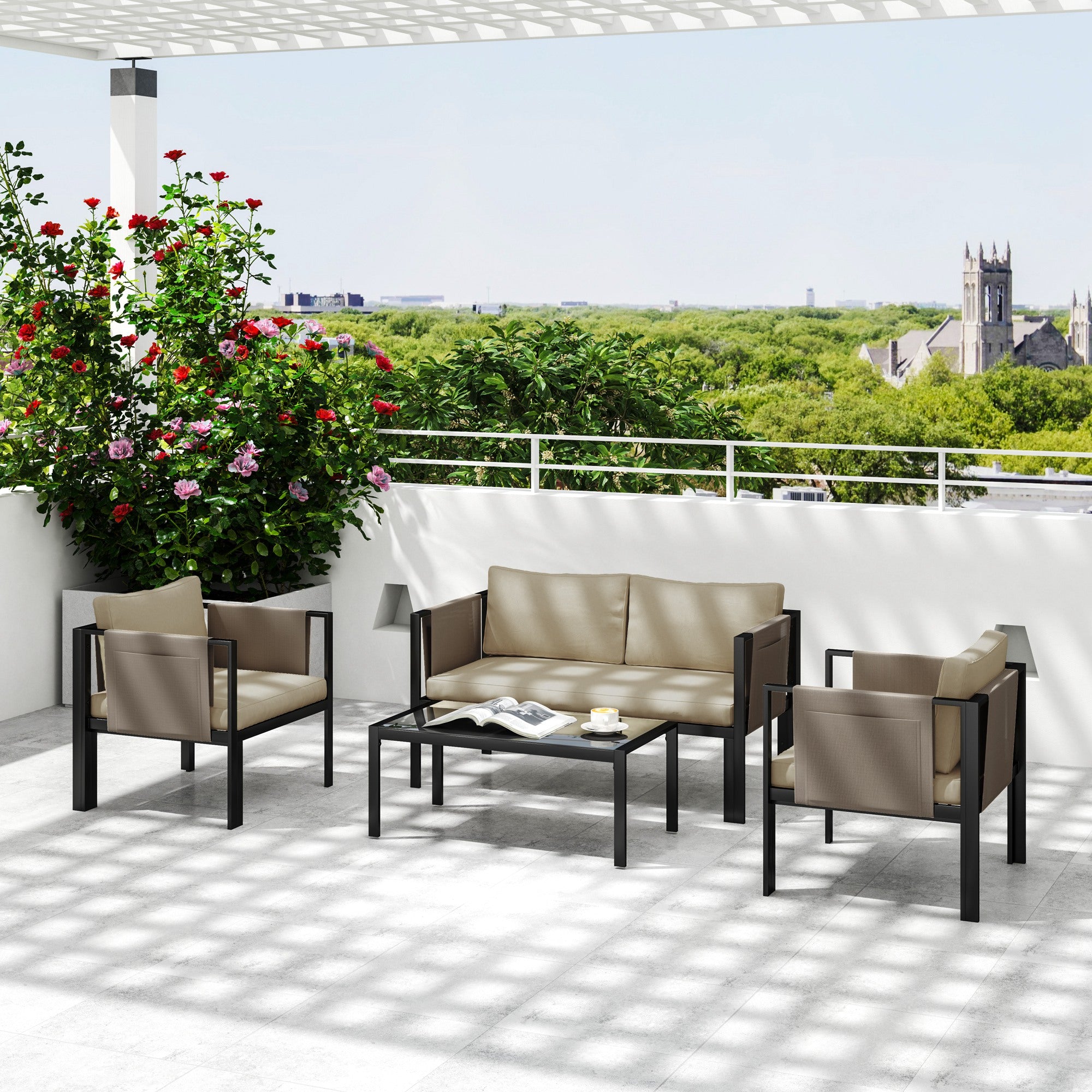 Outsunny 4-Piece Garden Sofa Set with Tempered Glass Table