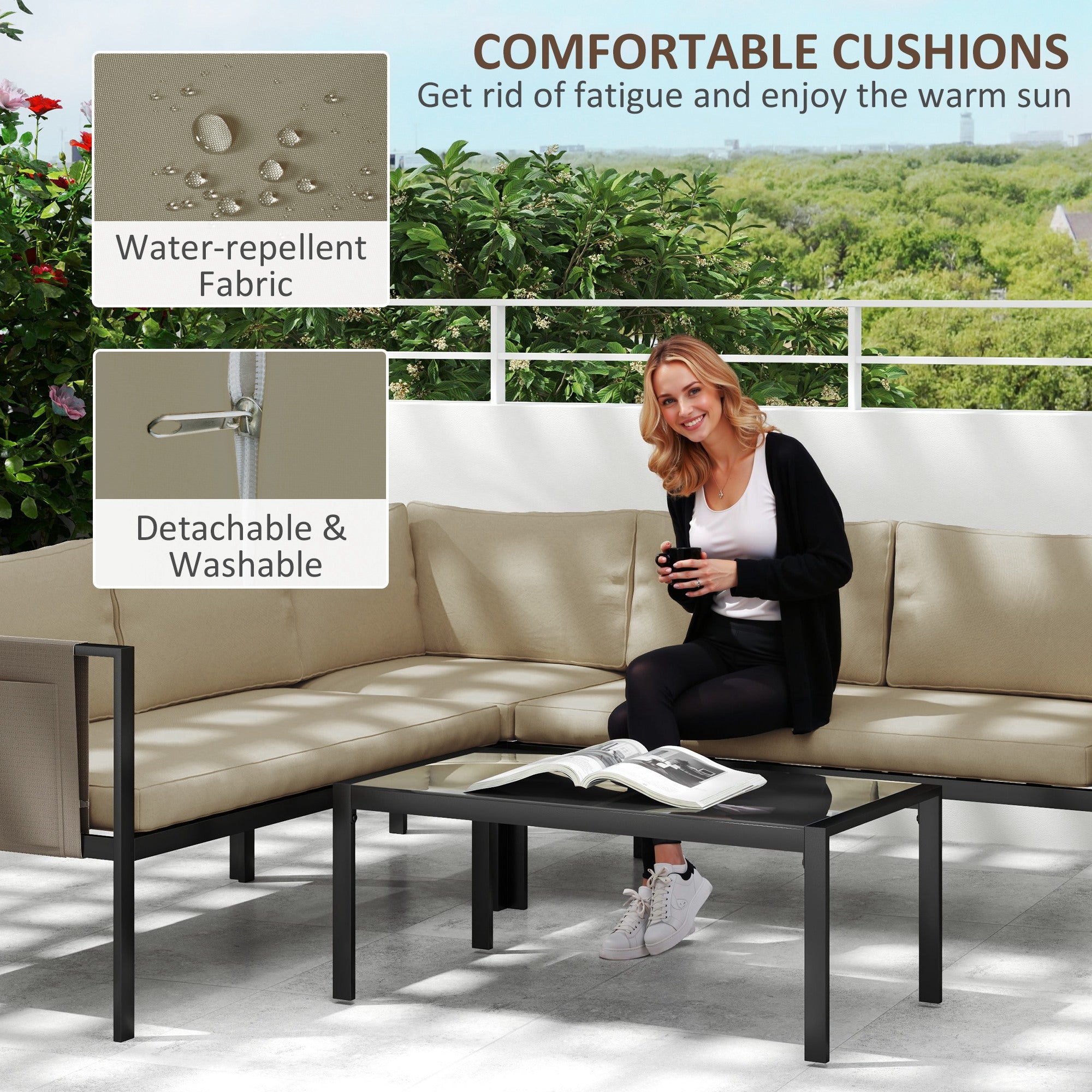 Outsunny 4 Piece Garden Furniture Set with Corner Sofa, Khaki