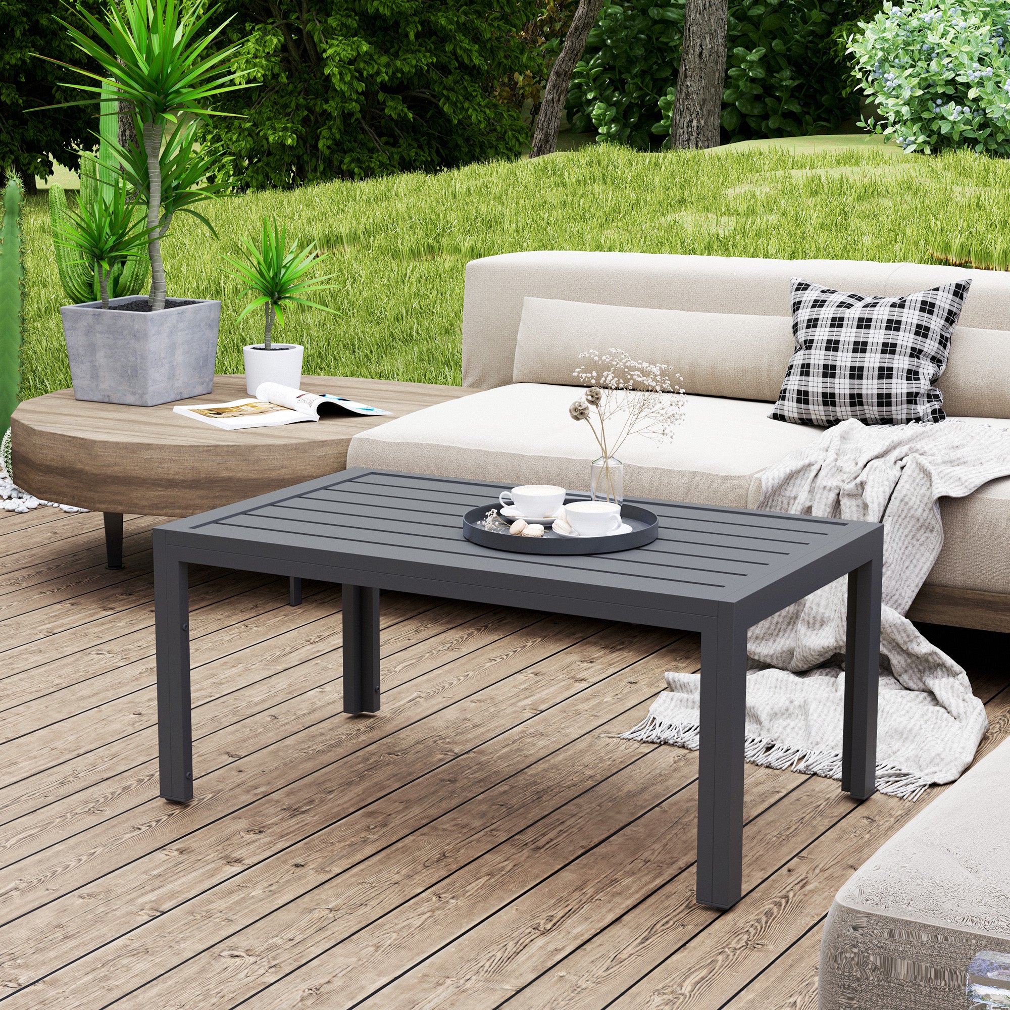 Outsunny Grey Outdoor Garden Side Table with Steel Slat Top
