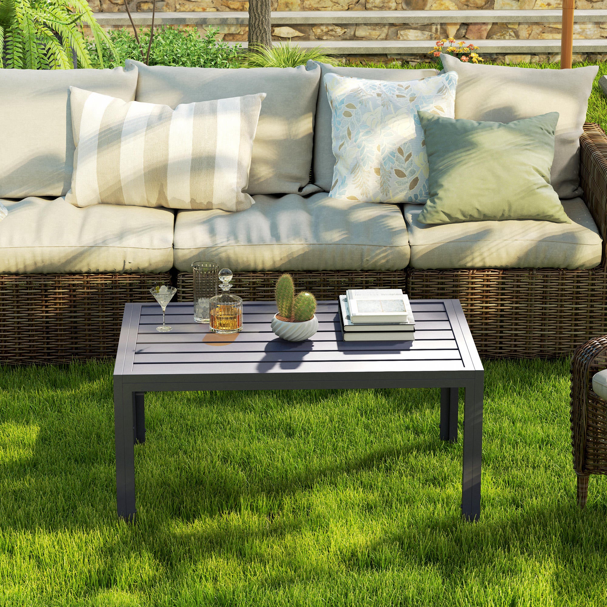 Outsunny Grey Outdoor Garden Side Table with Steel Slat Top