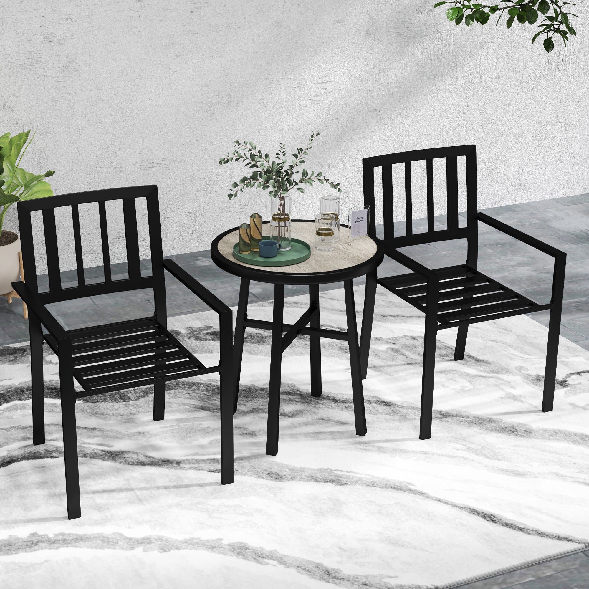 Outsunny 3-Piece Patio Bistro Set, Plastic Top, Stackable Chairs, Grey