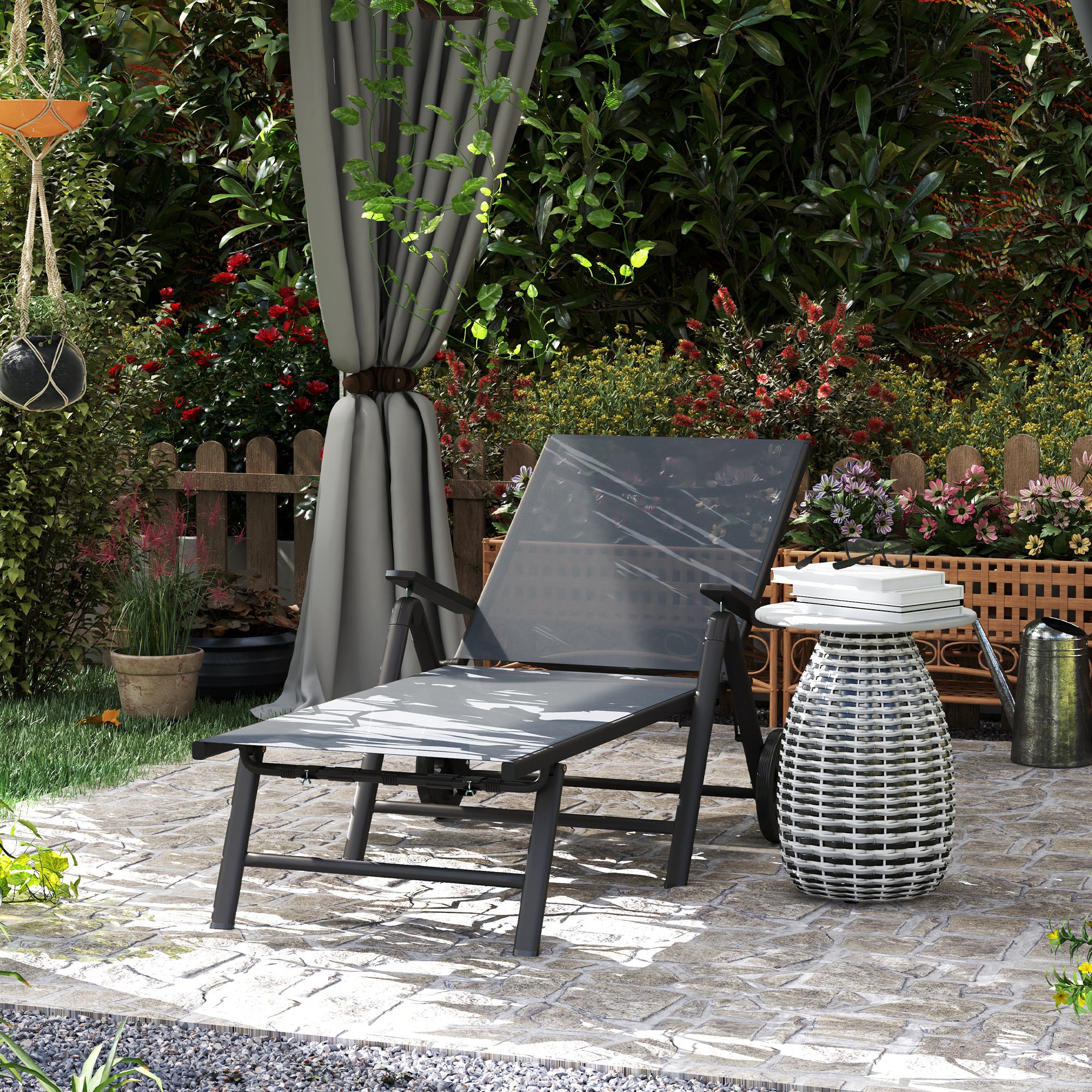 Outsunny Folding Sun Lounger with Wheels, 5-Position, Grey