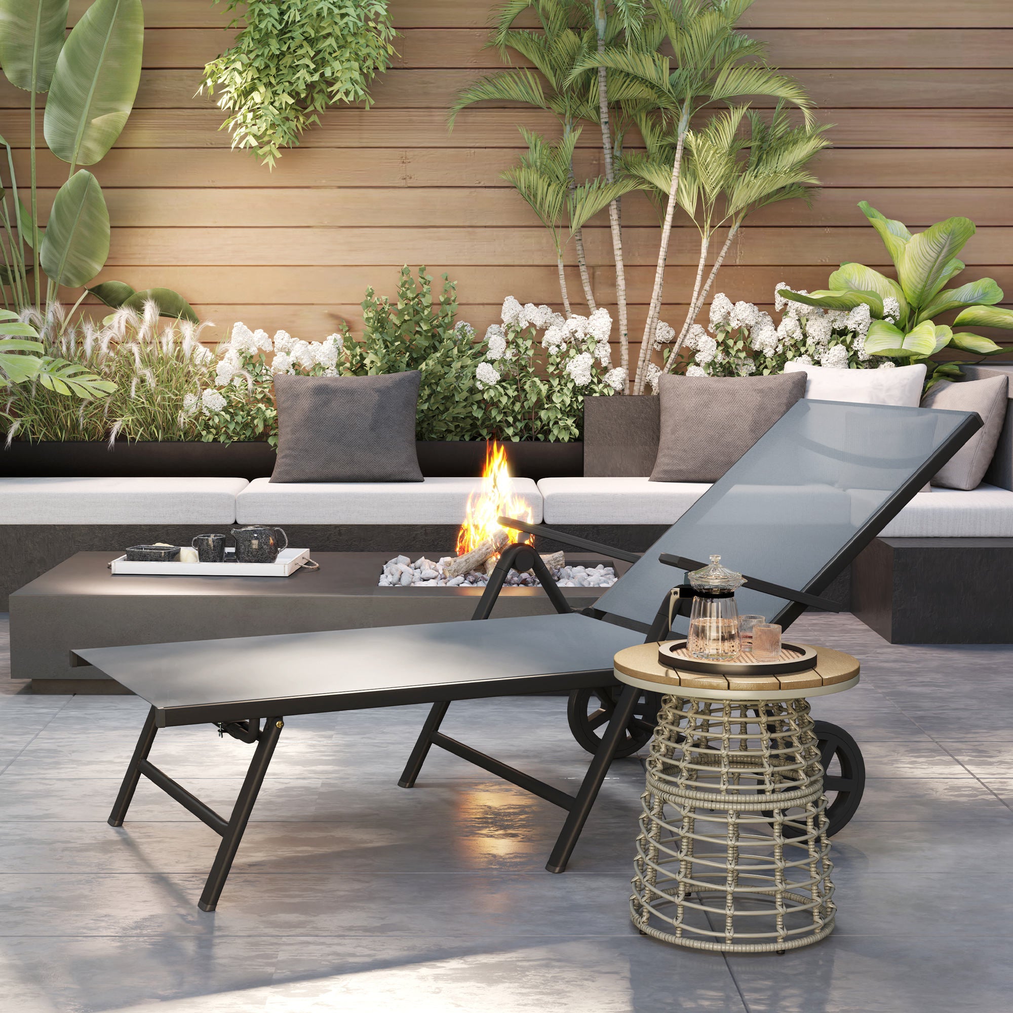 Outsunny Folding Sun Lounger with Wheels, 5-Position, Grey