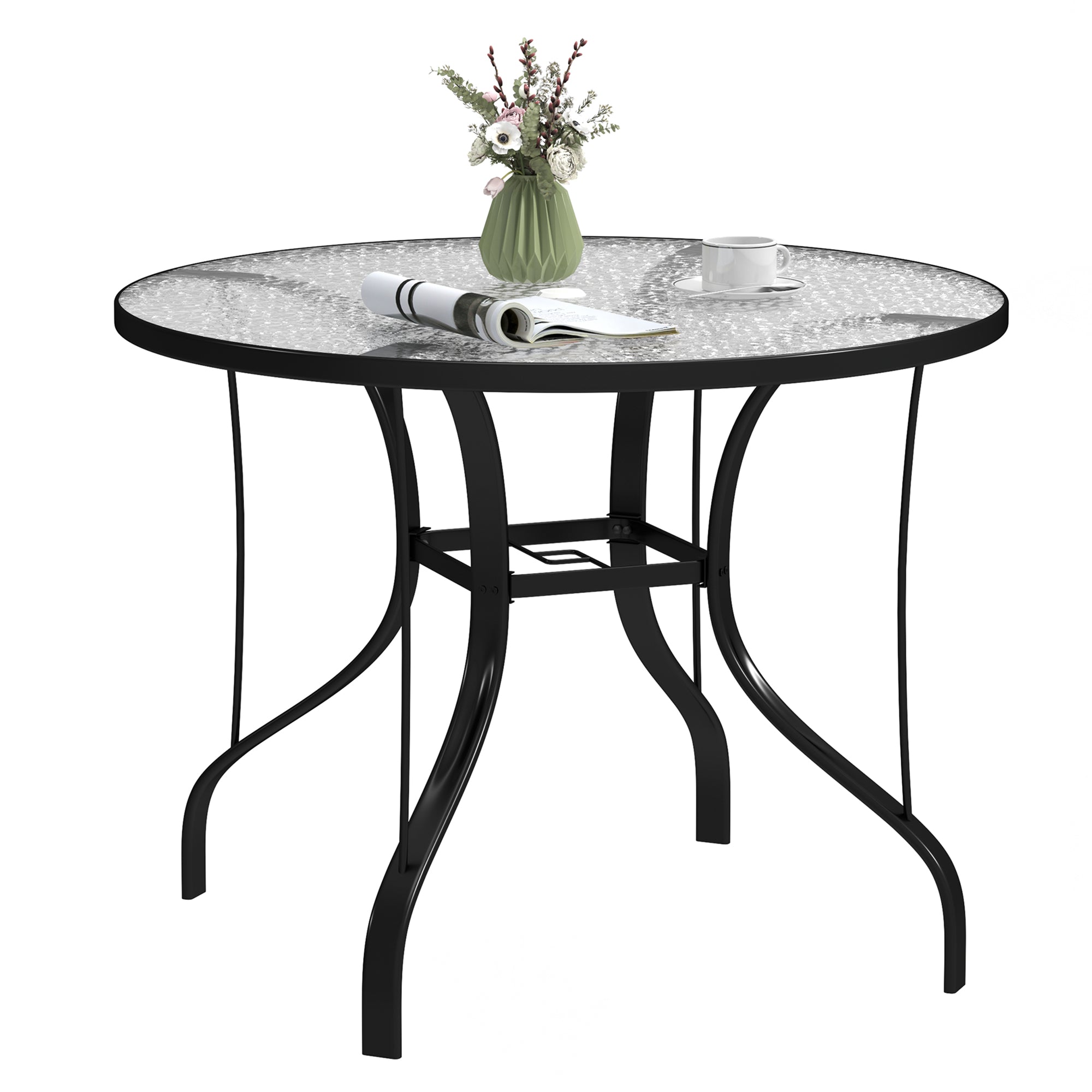 Outsunny Round Outdoor Dining Table with Parasol Hole, Tempered Glass